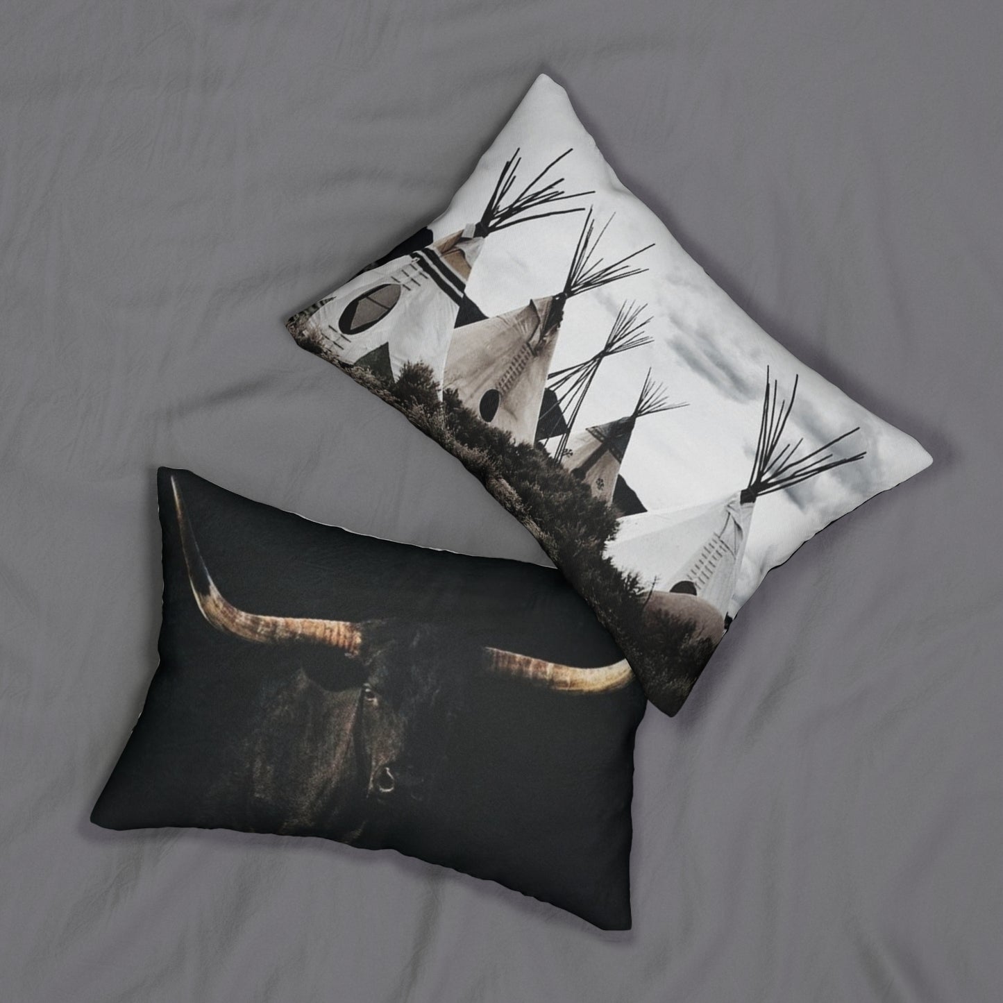 2 In 1 Teepee & The Rustic Bull Lumbar Pillow, Farmhouse Decor, Cozy Home Accent, Unique Gift for Animal Lovers, Boho Cushion