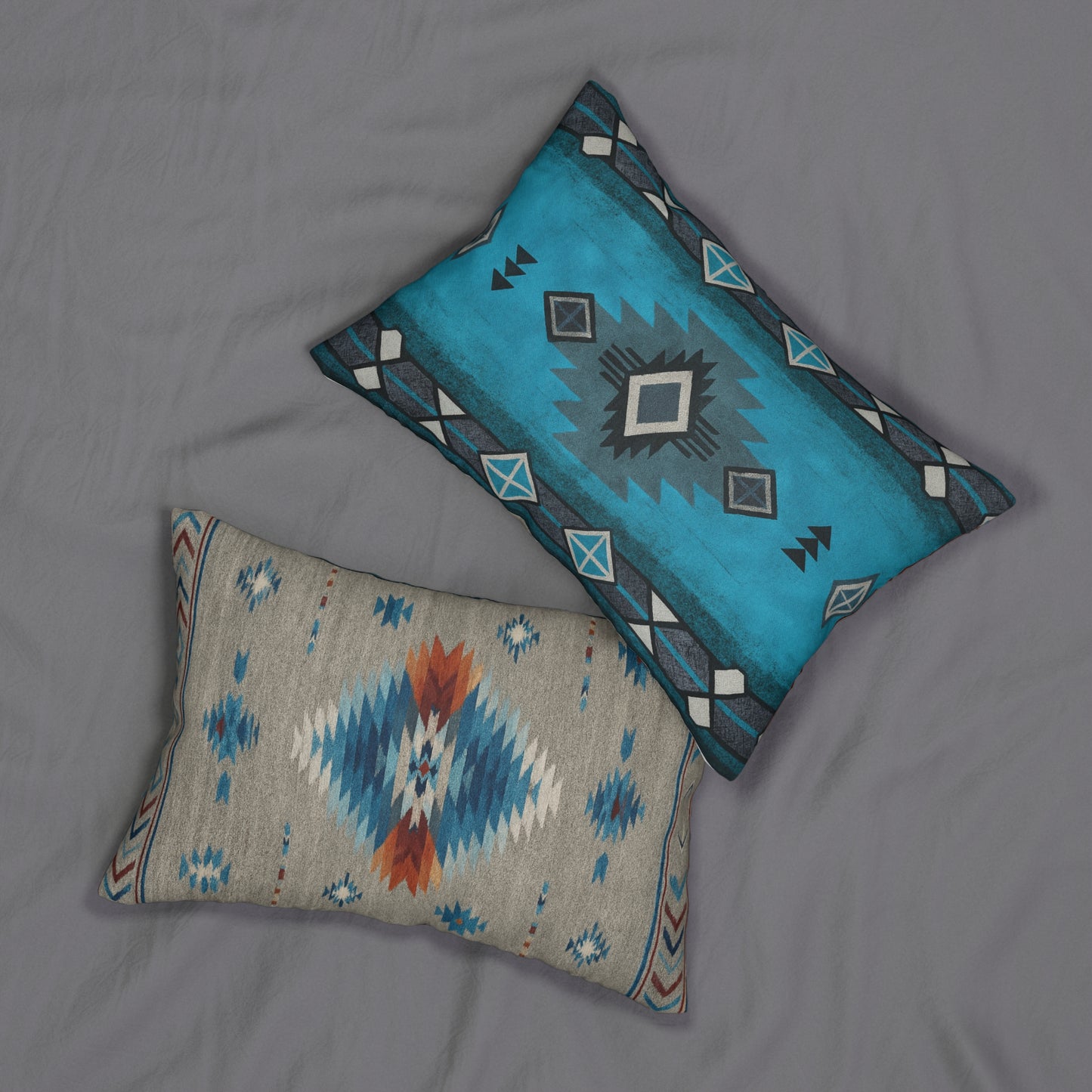 2 in 1 Turquoise & Grey Western Pattern Lumbar Pillow, Farmhouse Decor, Cozy Home Accent, Unique Gift for Animal Lovers, Boho Cushion