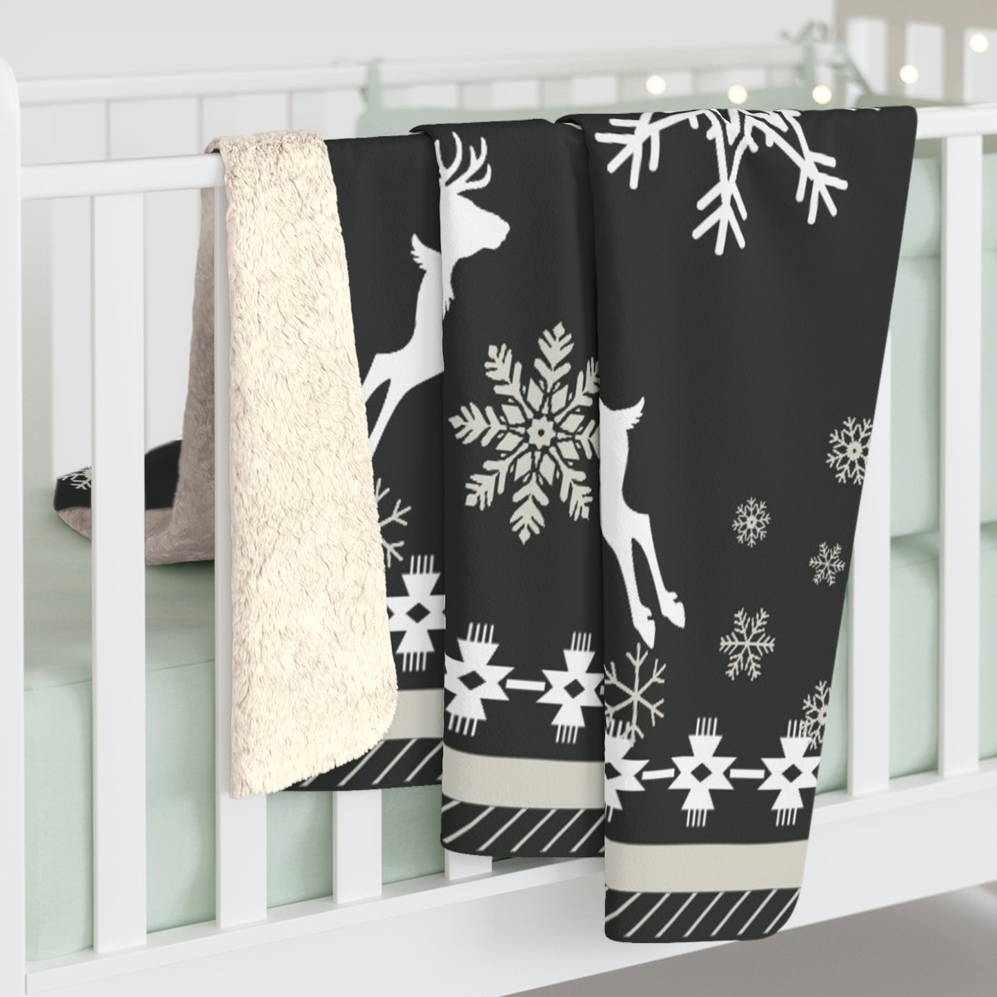 Snowflake & Deer Holiday Sherpa Blanket — Cozy Red Winter Fleece with Snowflakes & Bears