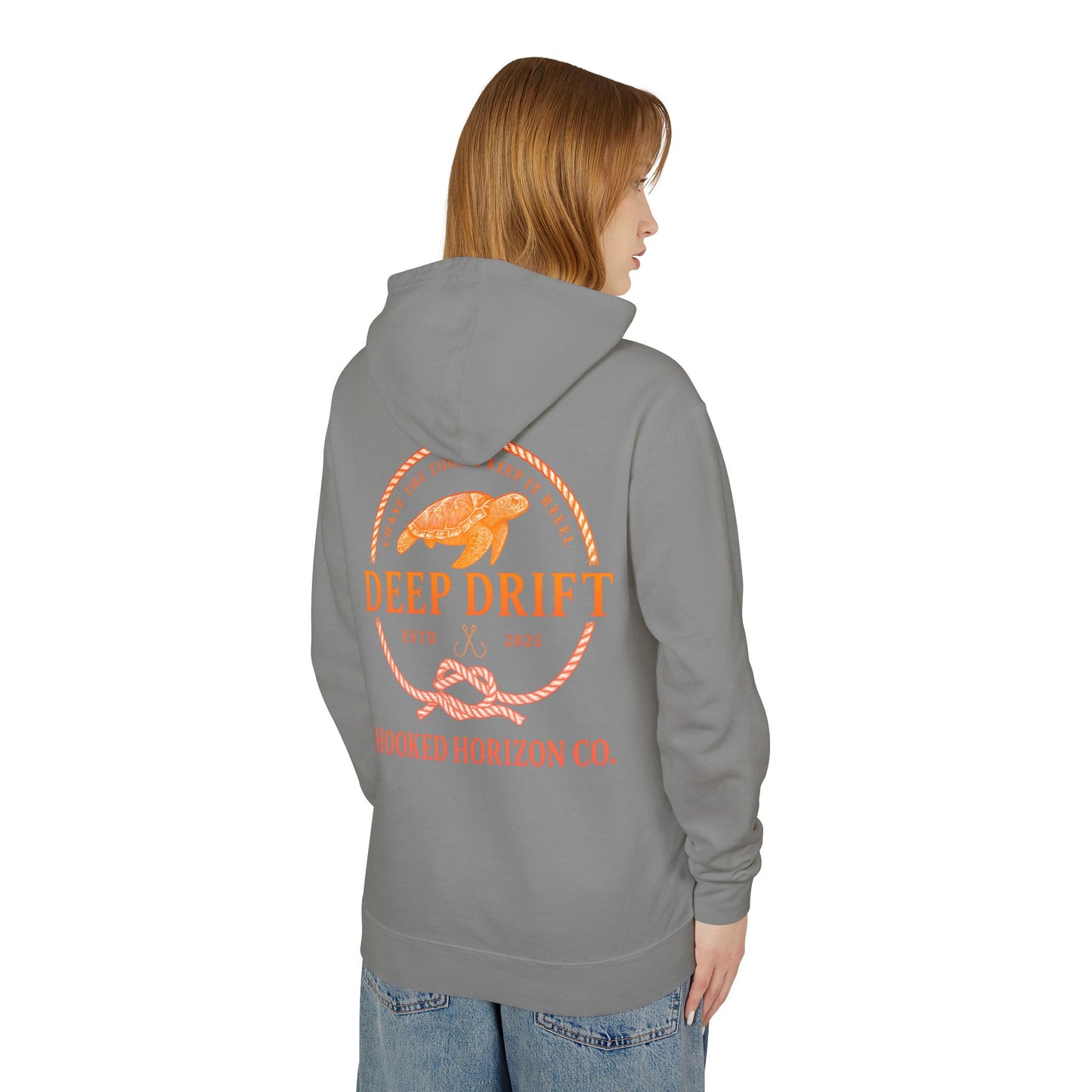 Orange Hooked Horizon Co Unisex Lightweight Hoodie with Deep Drift Design | Perfect for Fishermen, Beach Lovers, Casual Outings, Gift for Him/Her, Nautical Style, Ocean Lover Gifts