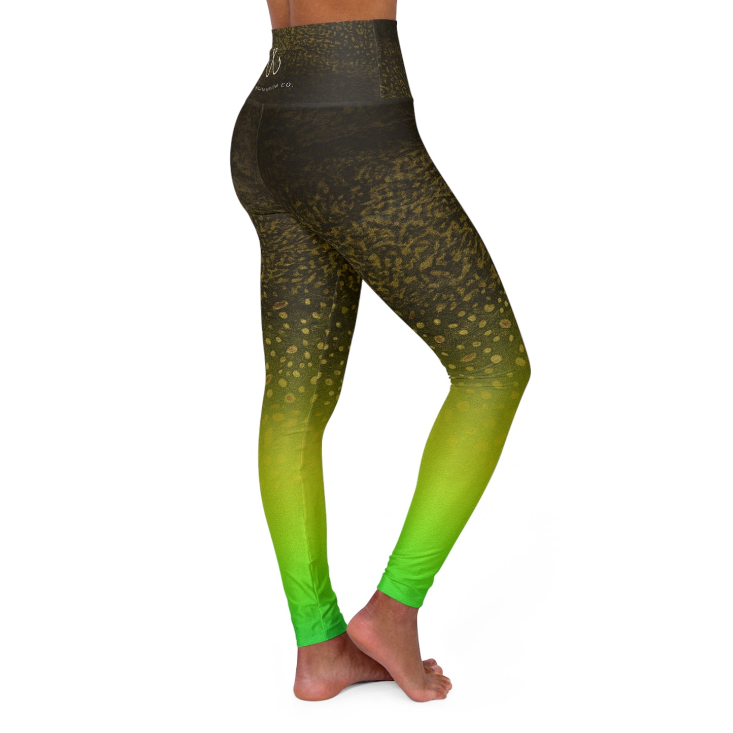 Green Gradient Neon Spotted Fishing High Waisted Yoga Leggings, Hooked Horizon Co, Deep Drift- Purple, Comfortable Activewear, Fitness Pants, Ideal for Gym, Yoga, and Weekend Brunch
