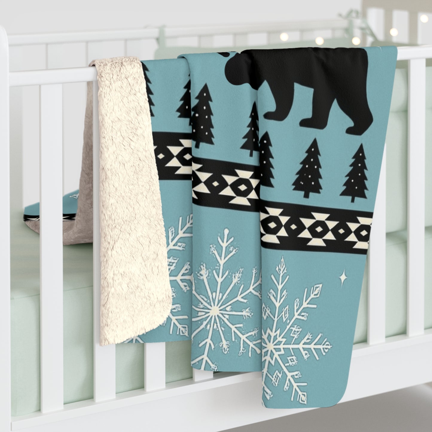 Bear Paw Holiday Sherpa Blanket — Cozy Red Winter Fleece with Snowflakes & Bears