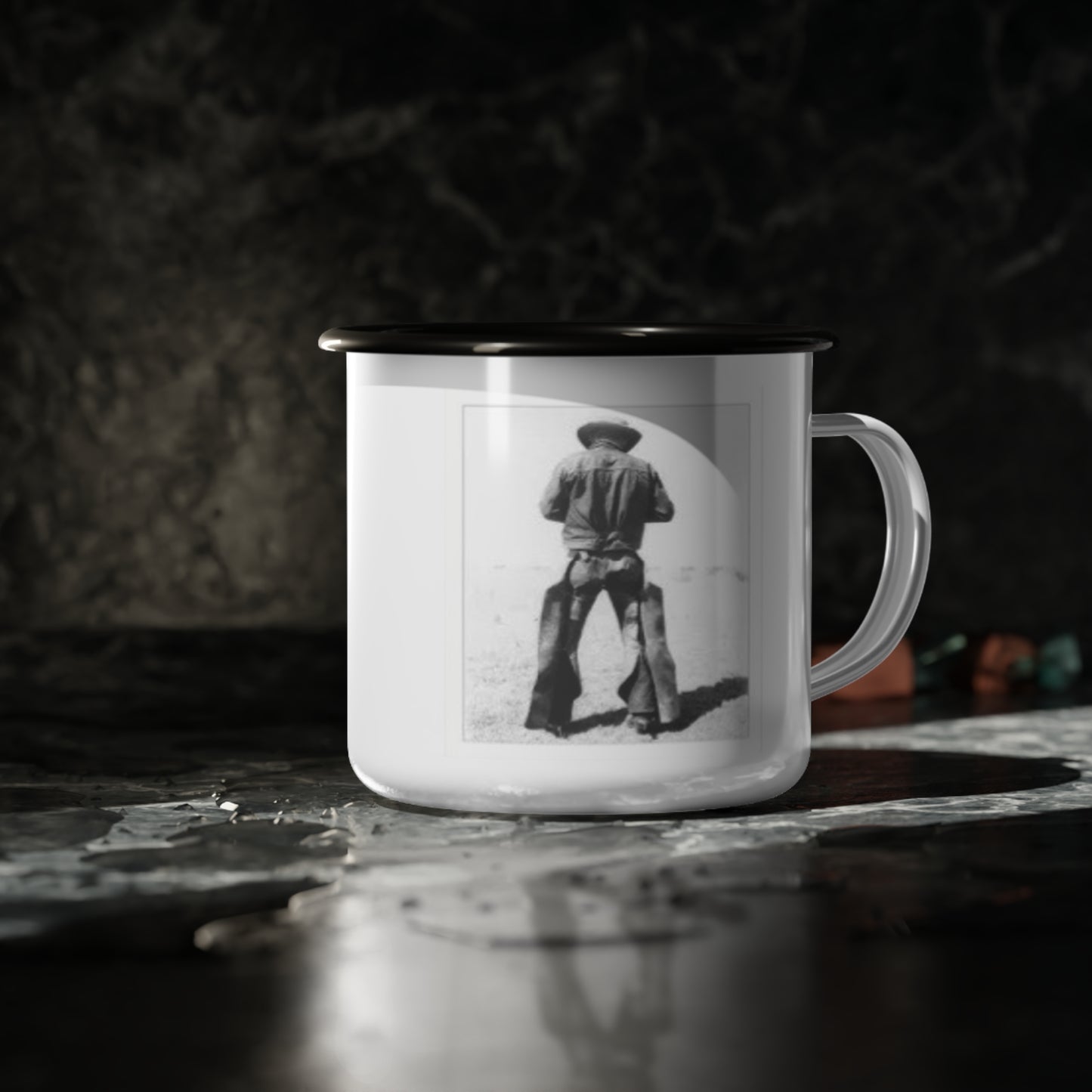 Vintage Style Enamel Camp Cup, Retro Camping Mug, Gift for Adventurers, Outdoorsy Coffee Cup, Unique Travel Drinkware, Cowboy Design