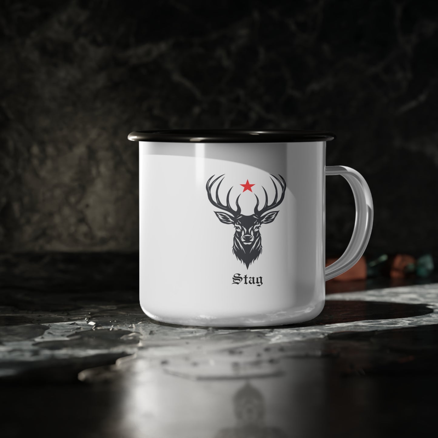 Vintage Enamel Camp Cup with Stag Illustration - Perfect for Hiking, Camping, Wild Game Lovers, Outdoor Activities