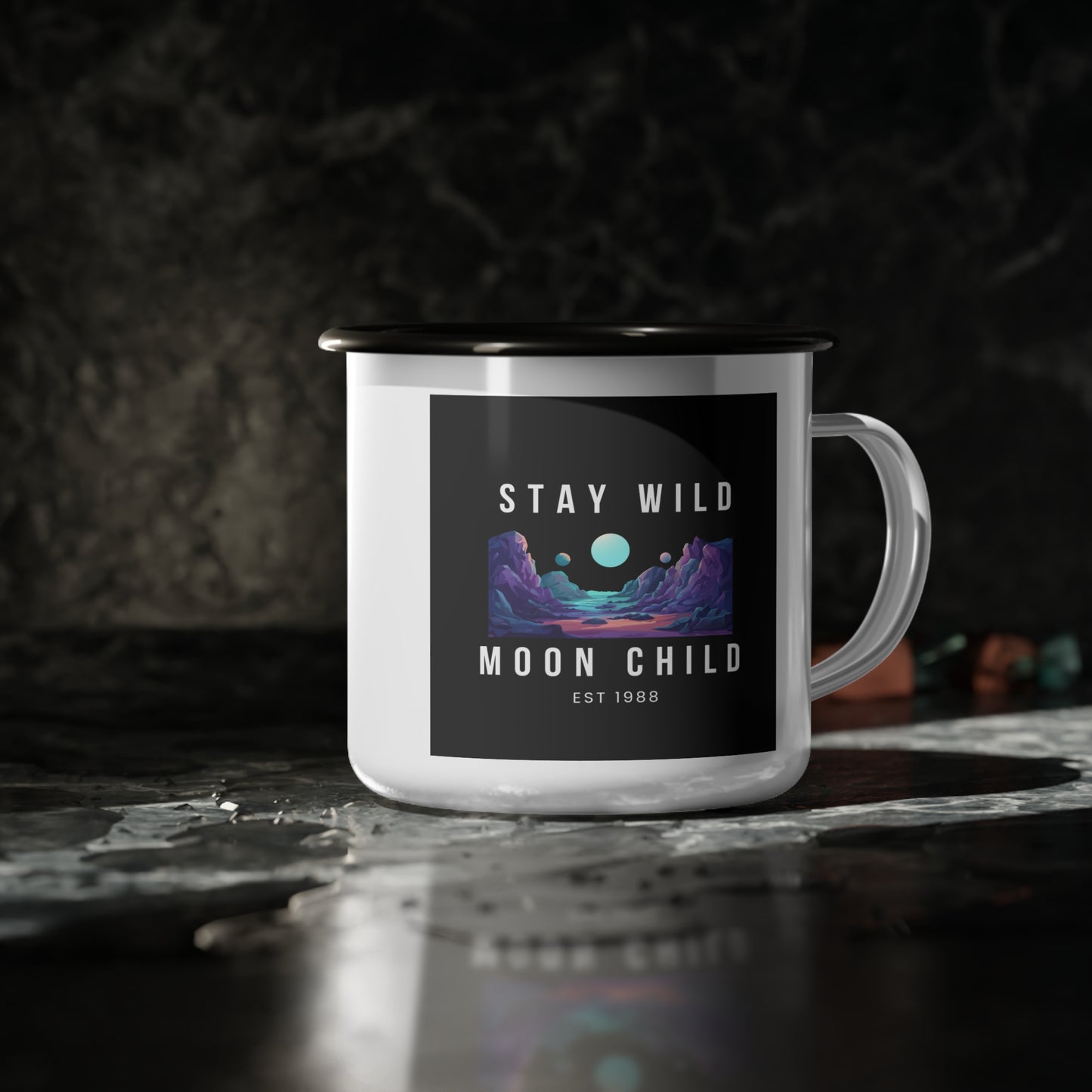 Stay Wild Moon Child Enamel Camp Cup, Camping Mug, Outdoor Adventure Cup, Celestial Mug, Gift for Nature Lovers
