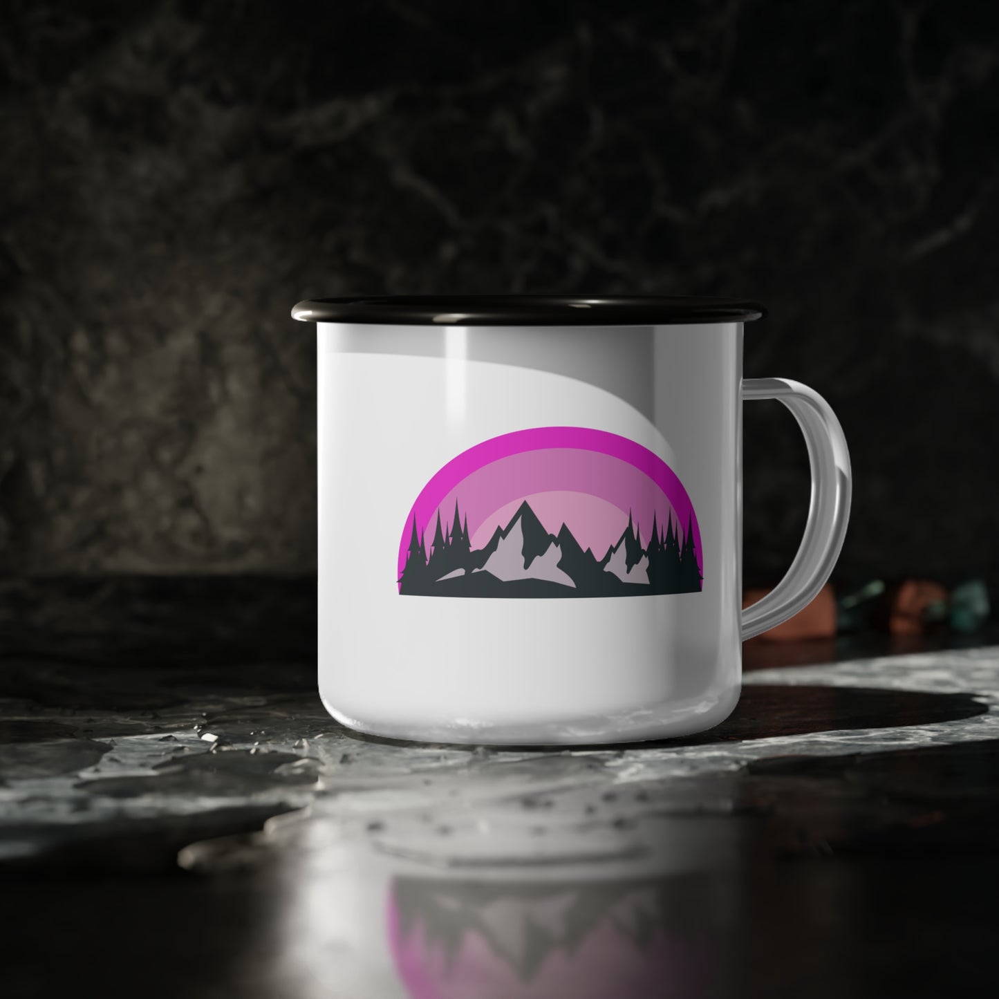 Mountain Sunset Enamel Camp Cup, Camping Mug, Adventure Gift, Outdoor Travel Cup, Pink Wilderness Coffee Mug, Nature Lover's Drinkware