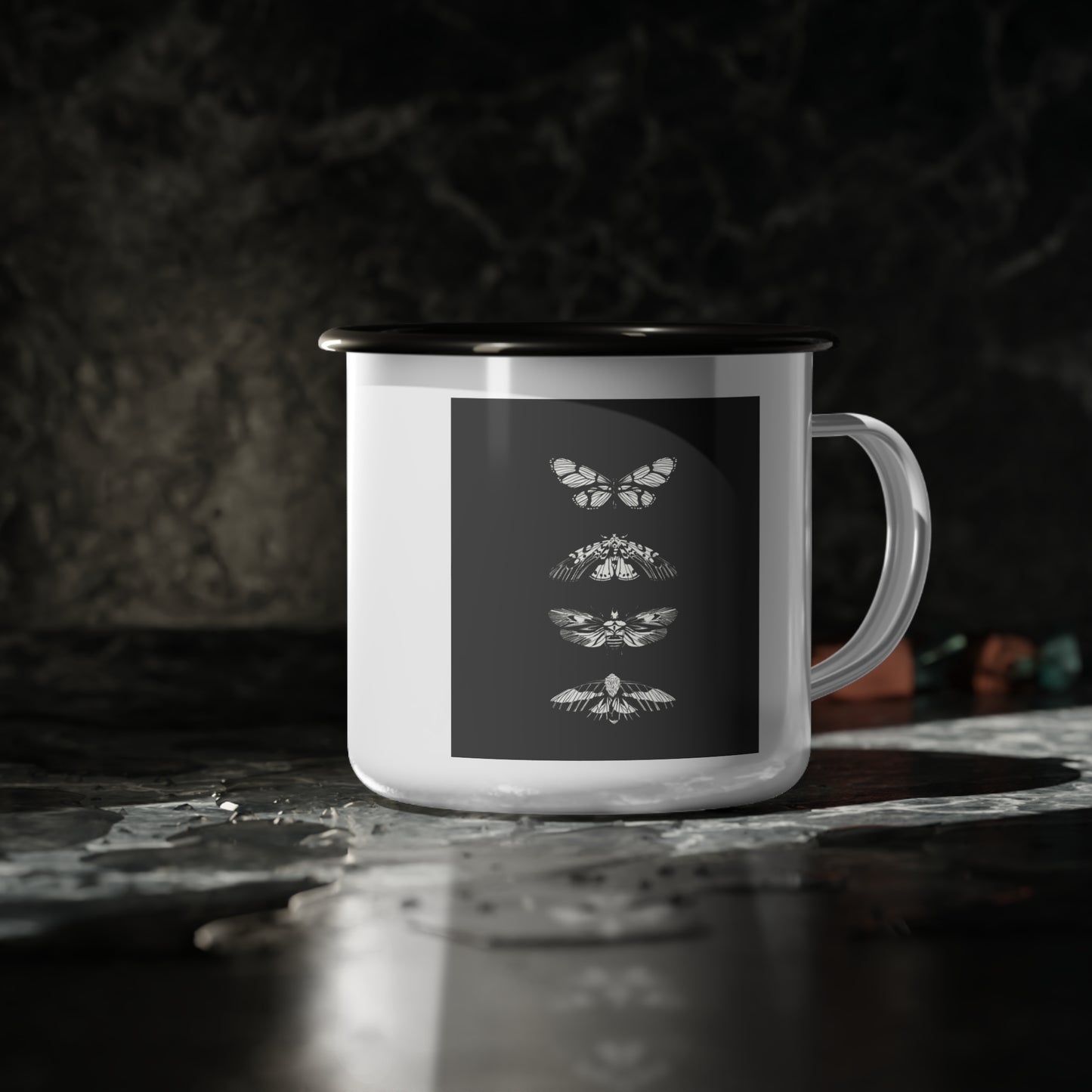 Moth Design Enamel Camp Cup, Perfect for Camping, Outdoor Adventures, Nature Lovers, Unique Gift Idea, Rustic Decor