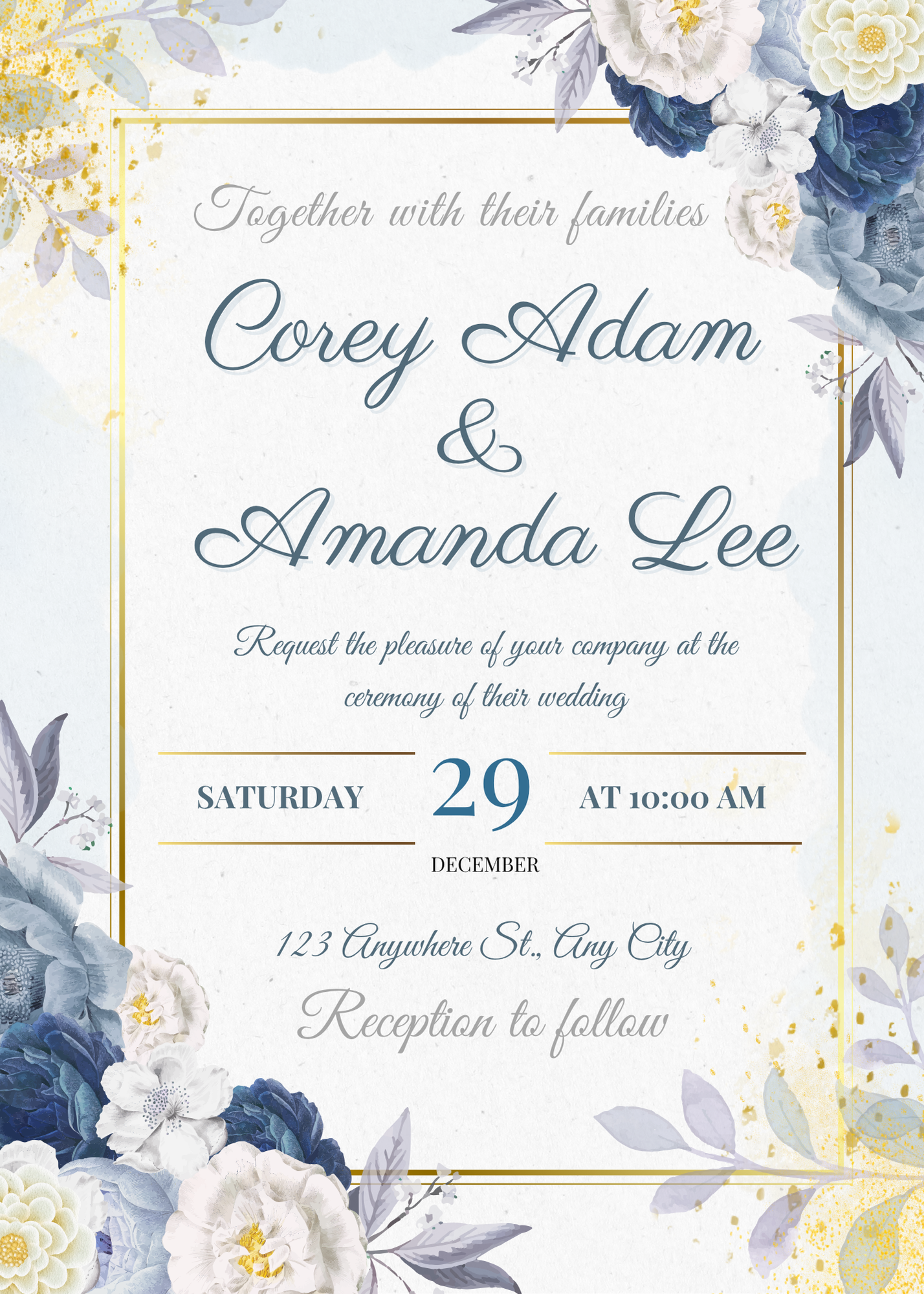Blue Floral & Gold Wedding Invitation – The Corey & Amanda