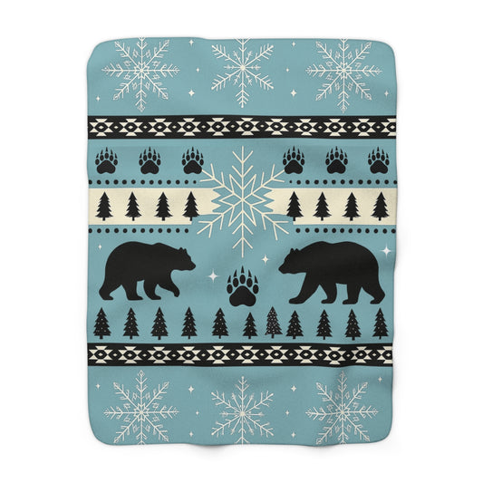 Bear Paw Holiday Sherpa Blanket — Cozy Red Winter Fleece with Snowflakes & Bears