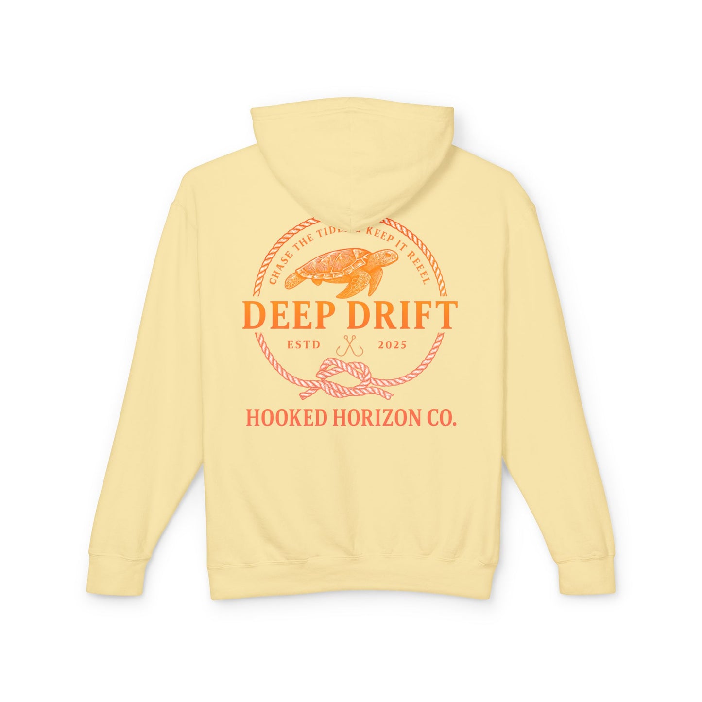 Orange Hooked Horizon Co Unisex Lightweight Hoodie with Deep Drift Design | Perfect for Fishermen, Beach Lovers, Casual Outings, Gift for Him/Her, Nautical Style,  Ocean Lover Gifts