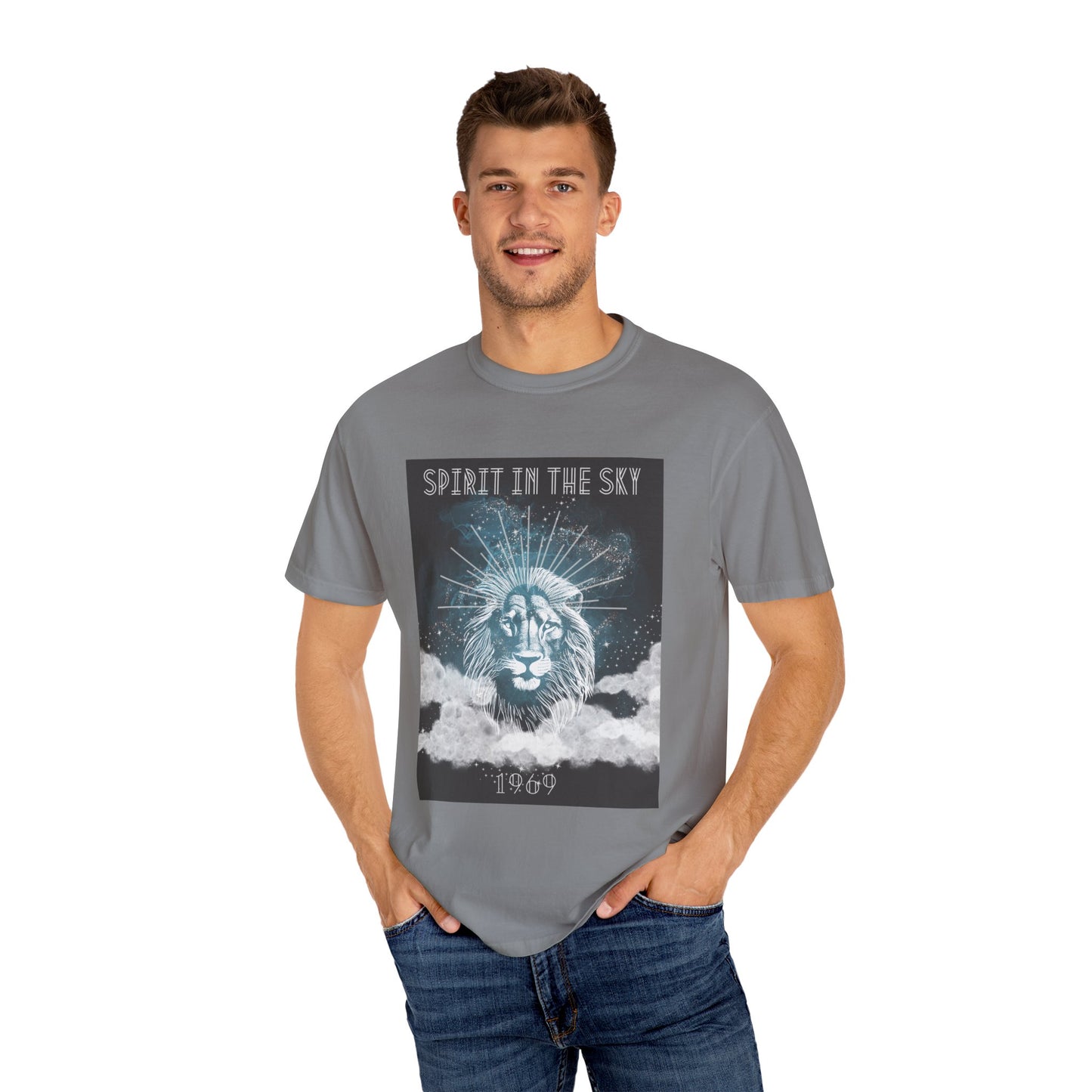 Spirit in the Sky Lion T-Shirt, Unisex Garment-Dyed Tee, Boho Shirt, Festival Apparel, Unique Graphic Tee, Music Lover Gift