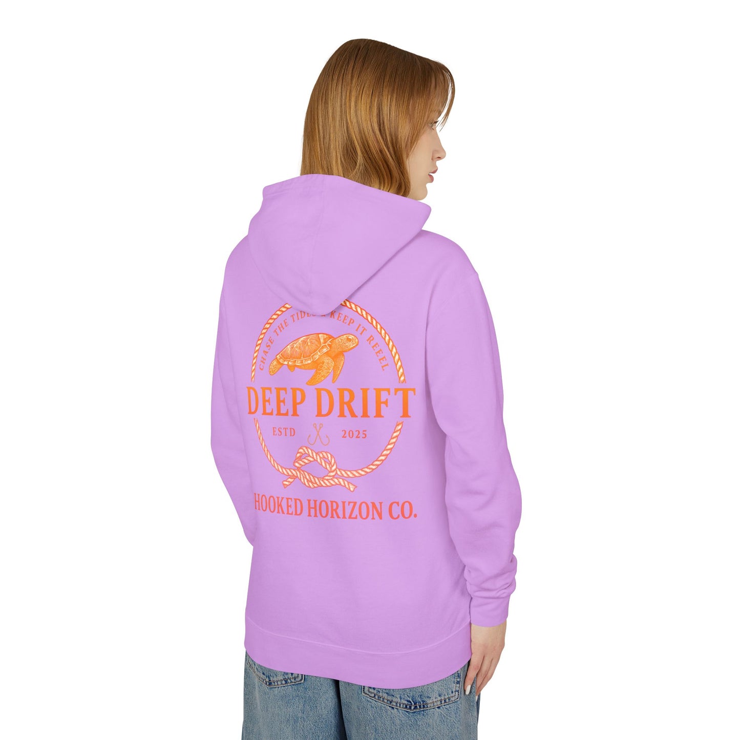Orange Hooked Horizon Co Unisex Lightweight Hoodie with Deep Drift Design | Perfect for Fishermen, Beach Lovers, Casual Outings, Gift for Him/Her, Nautical Style,  Ocean Lover Gifts