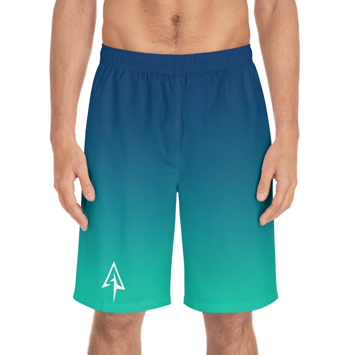 Arrow Ridge Blue To Green Ombre Men's Ocean-Inspired Board Shorts, Swimwear for Beach Days, Summer Vacations, Pool Parties, Surfing Attire, Water Sports