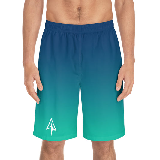 Arrow Ridge Blue To Green Ombre Men's Ocean-Inspired Board Shorts, Swimwear for Beach Days, Summer Vacations, Pool Parties, Surfing Attire, Water Sports
