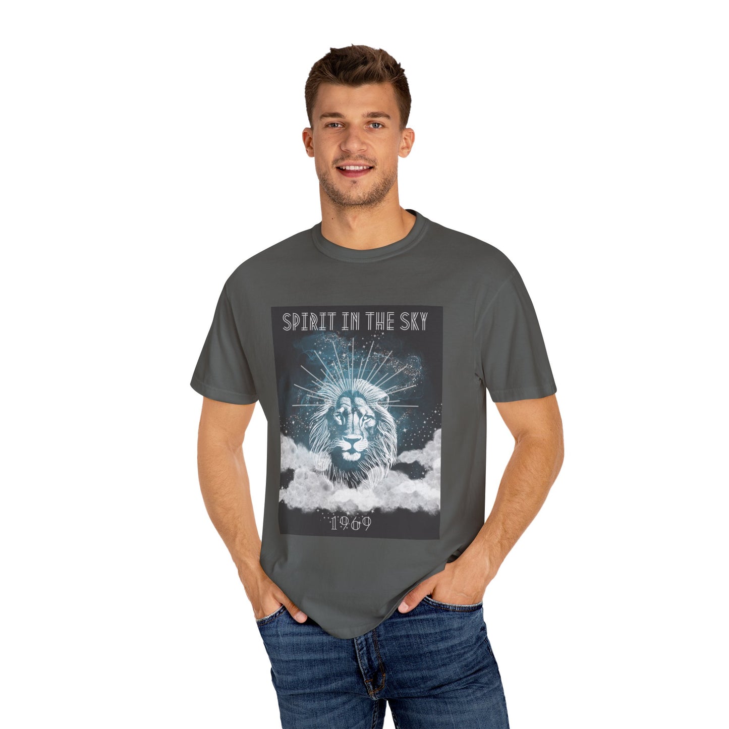 Spirit in the Sky Lion T-Shirt, Unisex Garment-Dyed Tee, Boho Shirt, Festival Apparel, Unique Graphic Tee, Music Lover Gift