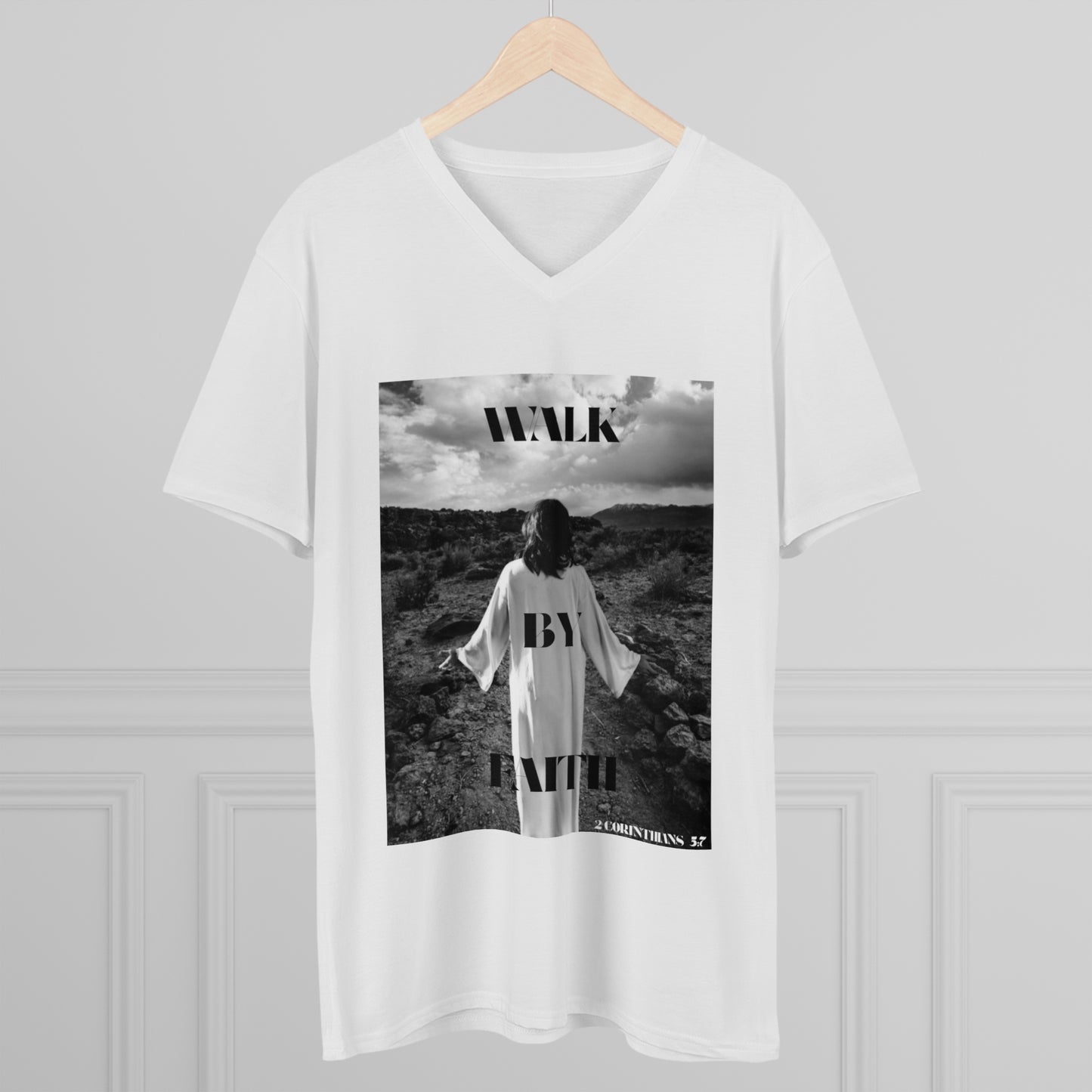 Walk By Faith Tshirt, Jesus, Spiritual, Gift, Christian, Men's Lightweight White V-Neck Tee