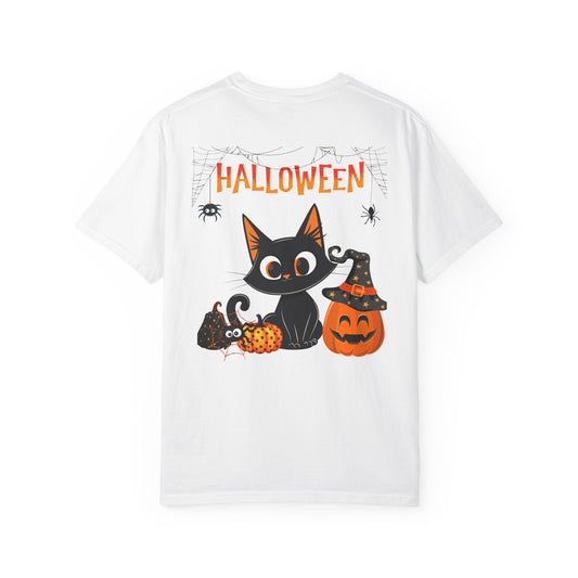 Halloween Spider Cat & Pumpkin Tee Unisex Garment-Dyed T-shirt, Black & White, Vintage Western, Western lover gifts
