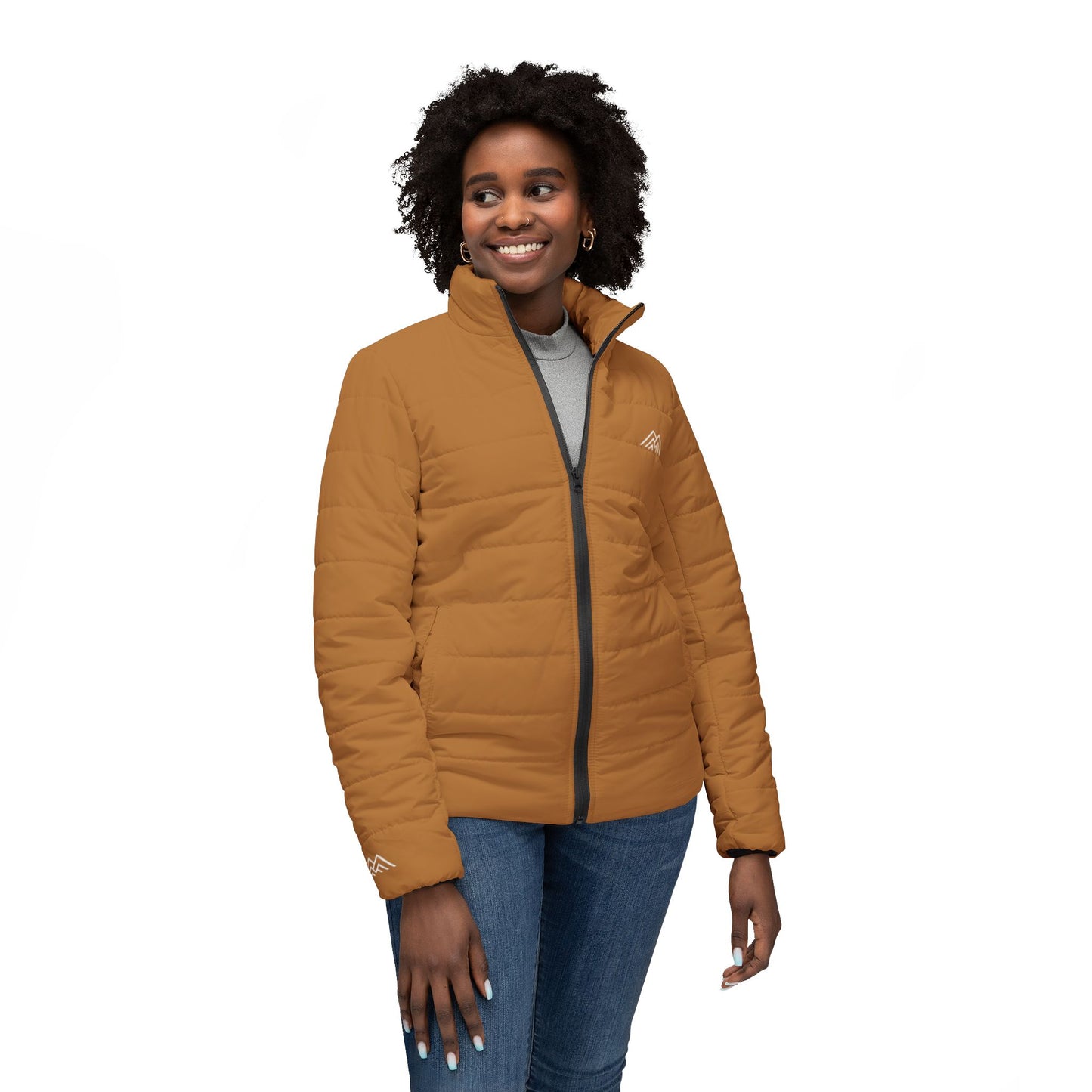 Camel Brown Double Mountain Stylish Women’s Puffer Jacket, Cozy Outerwear for Winter, Perfect Gift for Her, AOP Jacket for Everyday Wear, Warm Fashion Statement