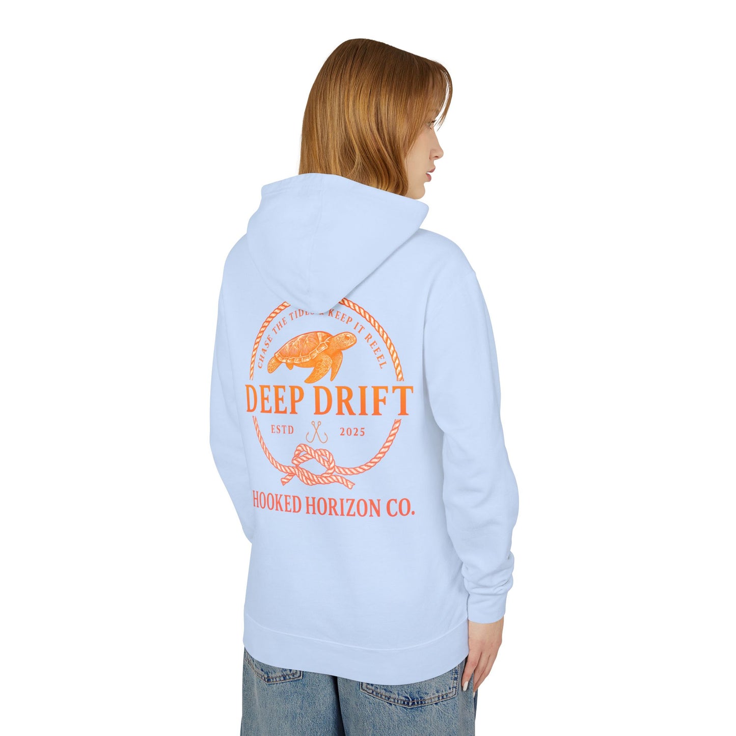 Orange Hooked Horizon Co Unisex Lightweight Hoodie with Deep Drift Design | Perfect for Fishermen, Beach Lovers, Casual Outings, Gift for Him/Her, Nautical Style,  Ocean Lover Gifts