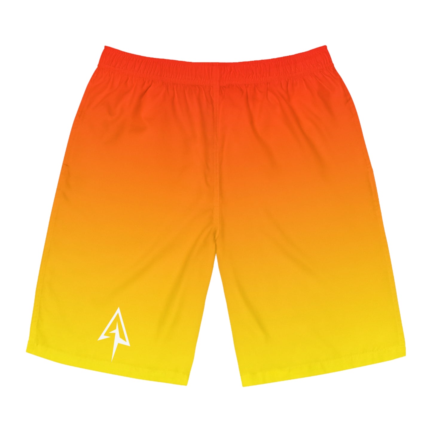 Arrow Ridge Redish Orange To Yellow Ombre Men's Ocean-Inspired Board Shorts, Swimwear for Beach Days, Summer Vacations, Pool Parties, Surfing Attire, Water Sports