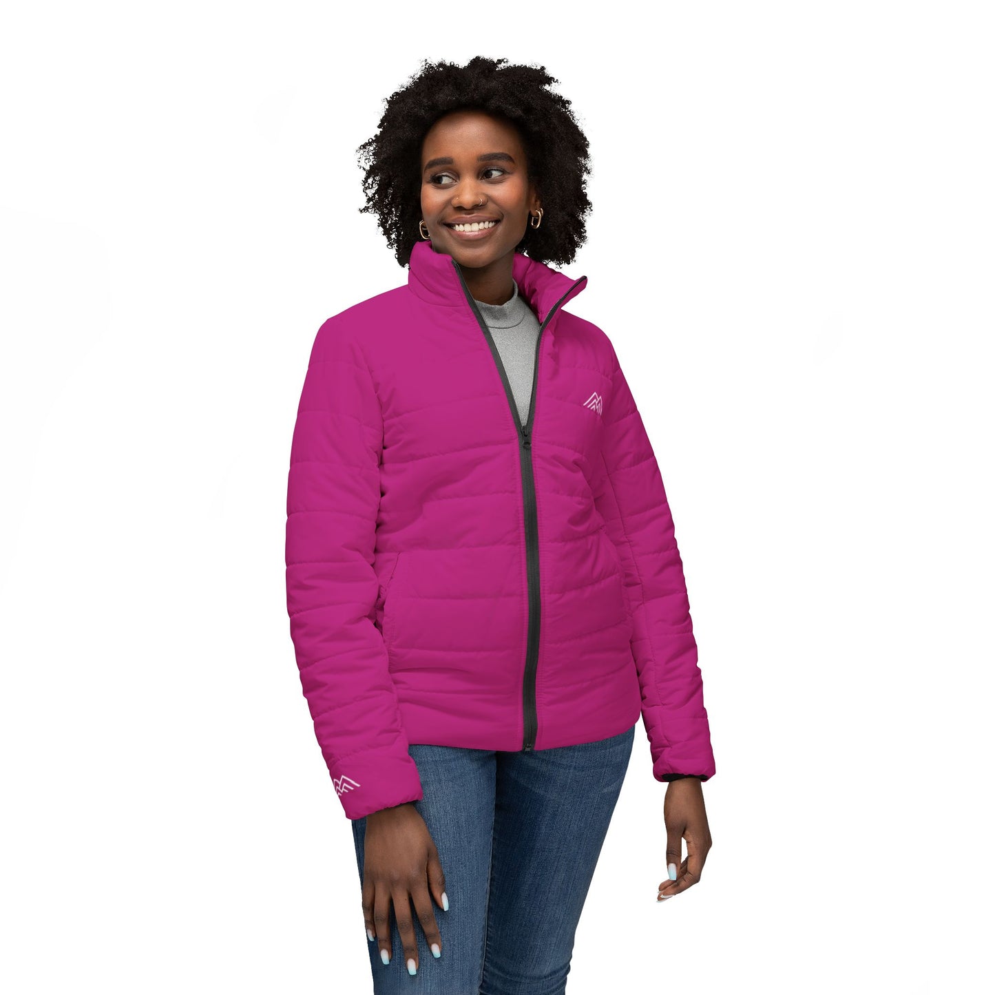 Fushia Pink Double Mountain Stylish Women’s Puffer Jacket, Cozy Outerwear for Winter, Perfect Gift for Her, AOP Jacket for Everyday Wear, Warm Fashion Statement