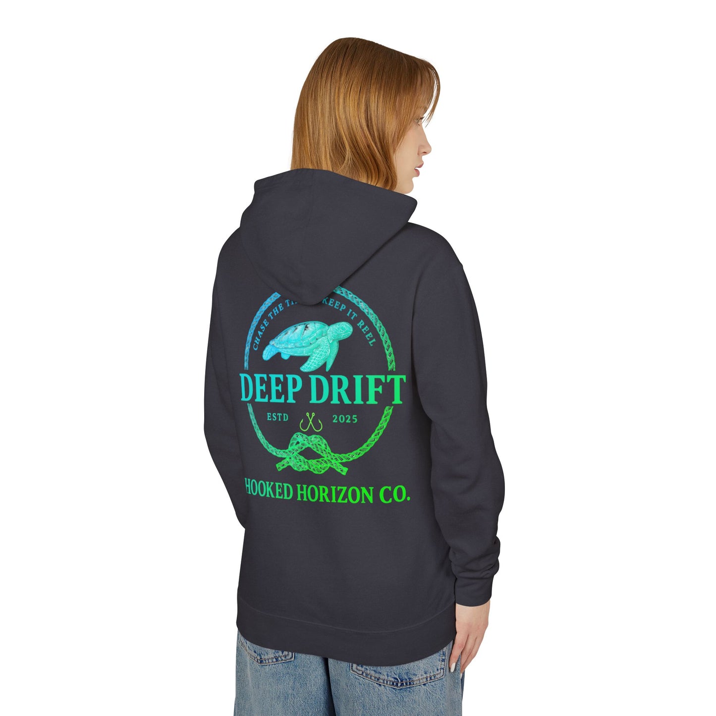 Hooked Horizon Co Green & Blue Unisex Lightweight Hoodie with Deep Drift Design | Perfect for Fishermen, Beach Lovers, Casual Outings, Gift for Him/Her, Nautical Style,  Ocean Lover Gifts