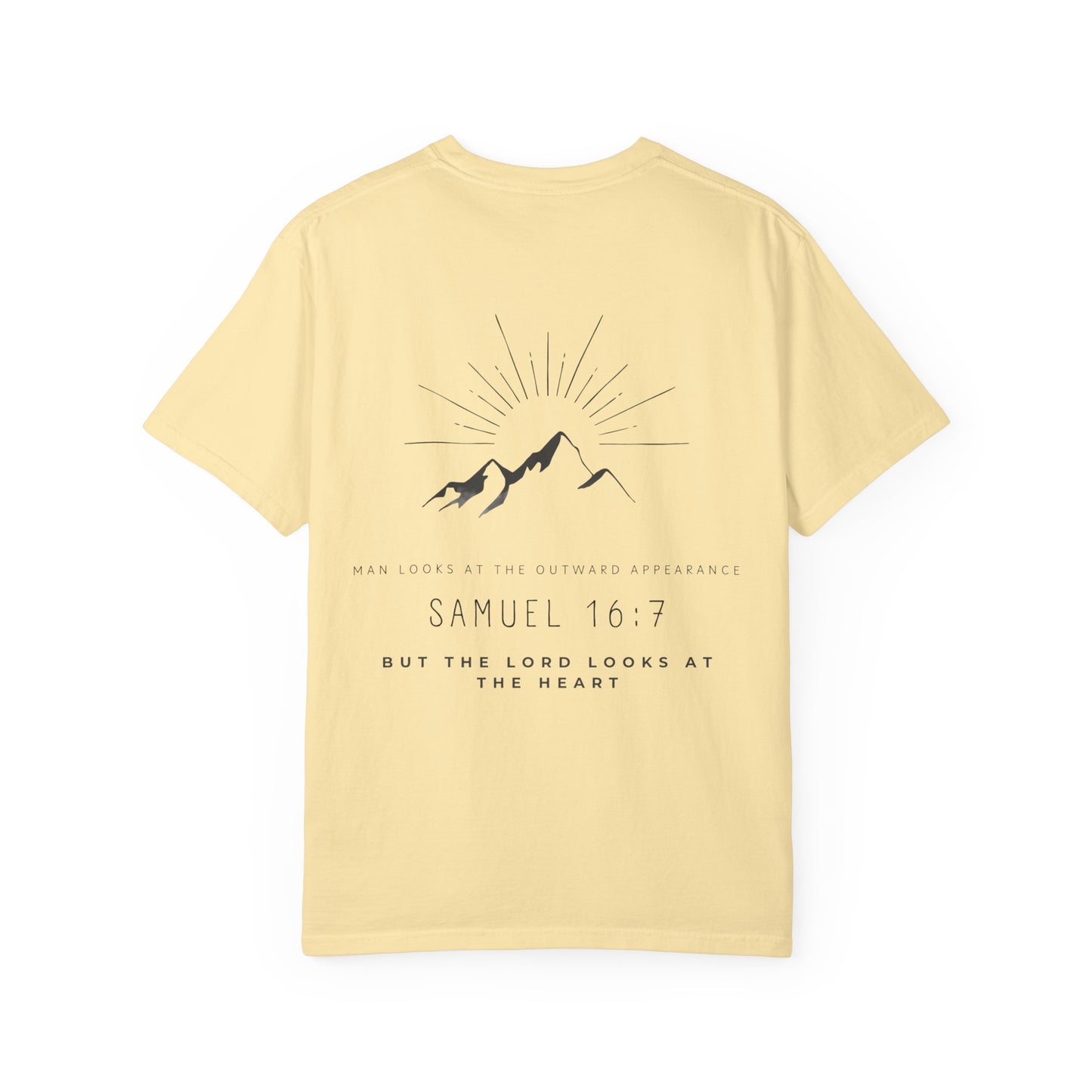 Samuel 16:7 in Black Inspirational Graphic T-Shirt, Christian Tee, Faith-Based Apparel, Gift for Believers, Casual Wear, Summer Essential