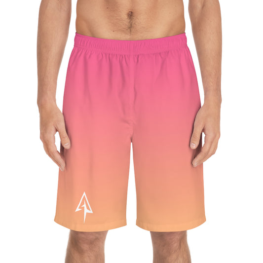 Arrow Ridge Pink To Orange Ombre Men's Ocean-Inspired Board Shorts, Swimwear for Beach Days, Summer Vacations, Pool Parties, Surfing Attire, Water Sports