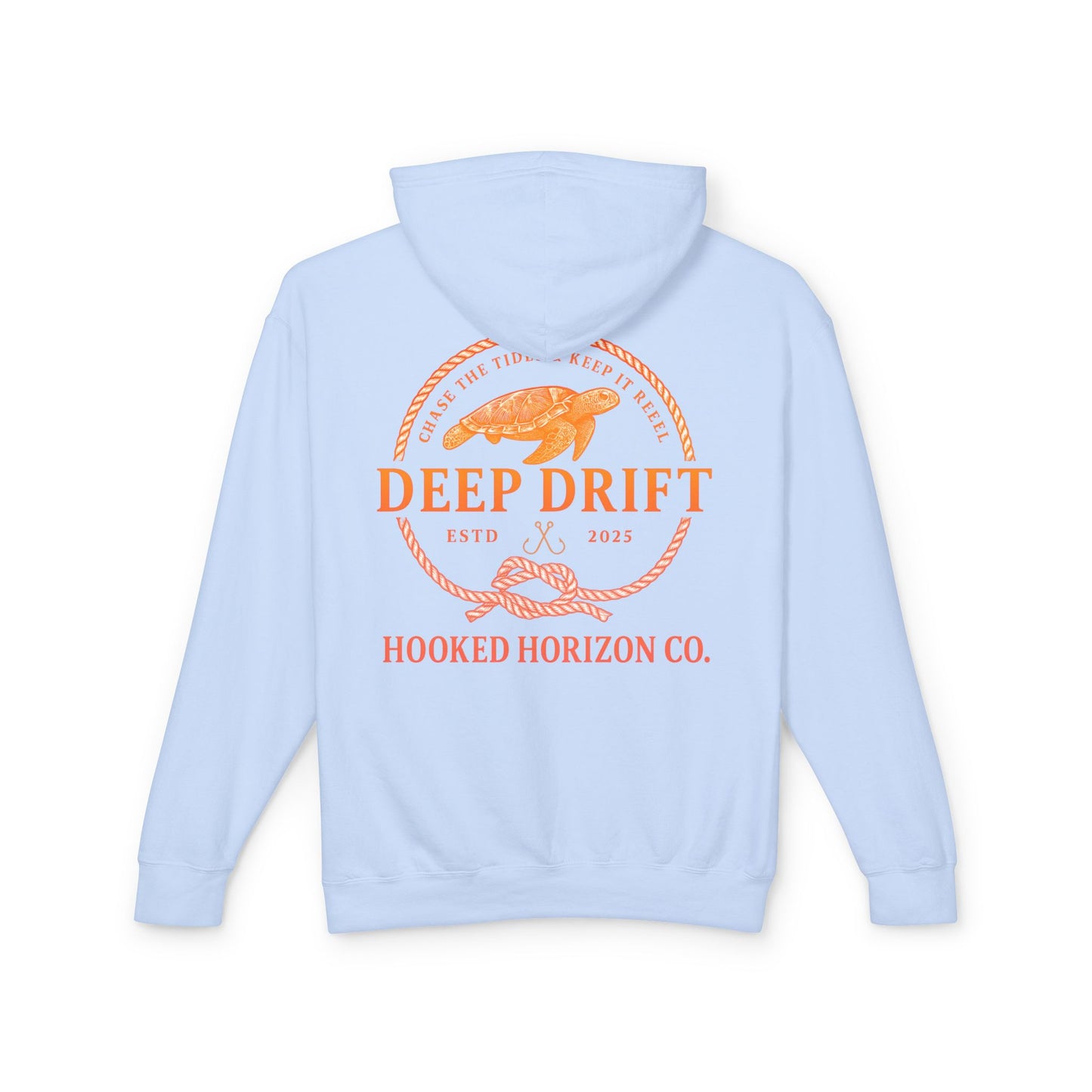 Orange Hooked Horizon Co Unisex Lightweight Hoodie with Deep Drift Design | Perfect for Fishermen, Beach Lovers, Casual Outings, Gift for Him/Her, Nautical Style,  Ocean Lover Gifts