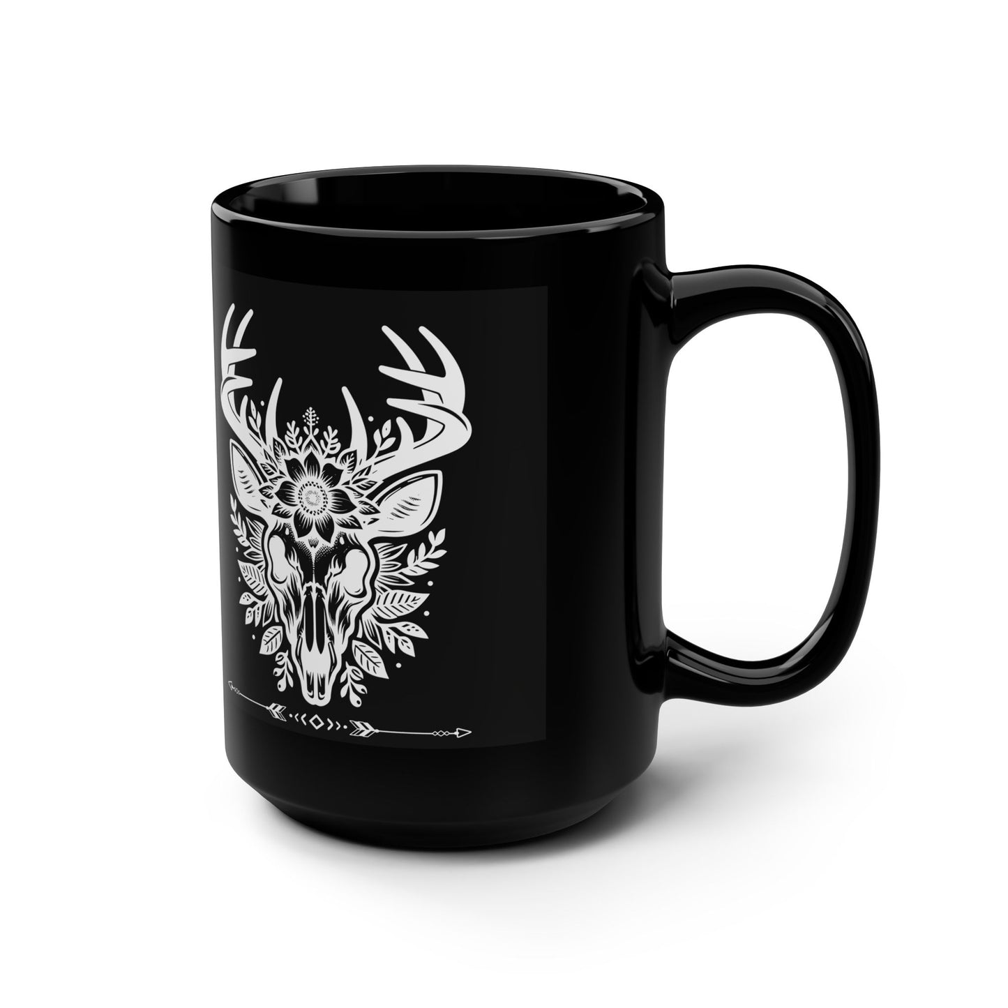 Boho Chic Skull Mug, 15oz Black Coffee Cup, Ideal for Nature Lovers, Perfect Gift for Halloween, Rustic Home Decor, Unique Kitchenware