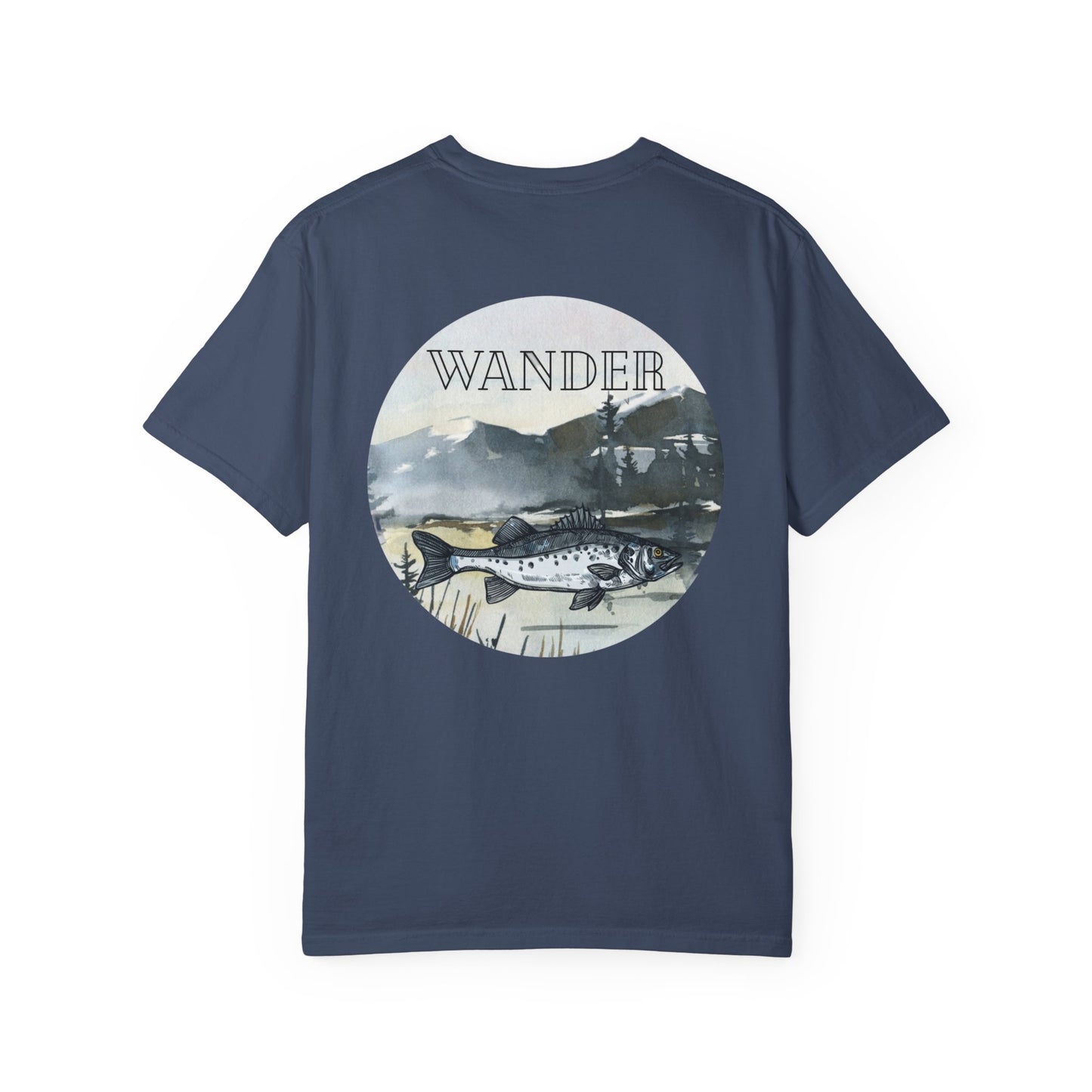 Ready to Run Wander Fishing Tee with White Front Design on Back Wildlife Adventure Tee Unisex Garment-Dyed T-shirt, Boho Nature Tee, Camping Shirt, Adventure Apparel, Gift for Wilderness Lovers, Angler Lover Giftd