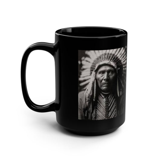 Vintage Native American Chief Black Mug, 15oz - Artistic Coffee Cup, Unique Gift, Home Decor, Ethnic Heritage