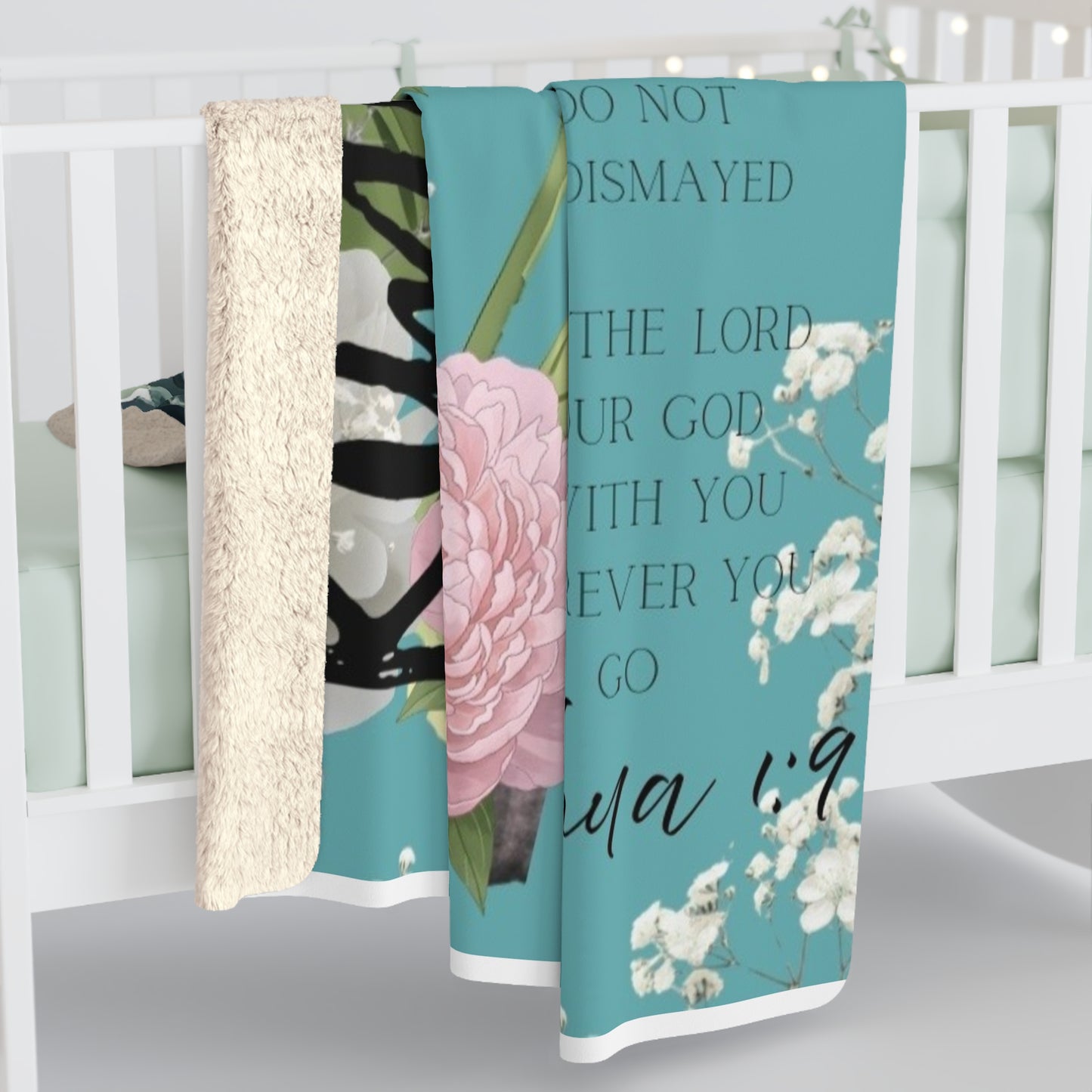 Kimmy Personalized Spiritual Bible Verse Holiday Sherpa Blanket — Cozy Teal Winter Fleece