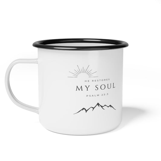 Inspirational Enamel Camp Cup | "He Restores My Soul" Mug for Camping, Hiking, Yoga, Gift for Outdoor Lovers, Bible Verse Decor