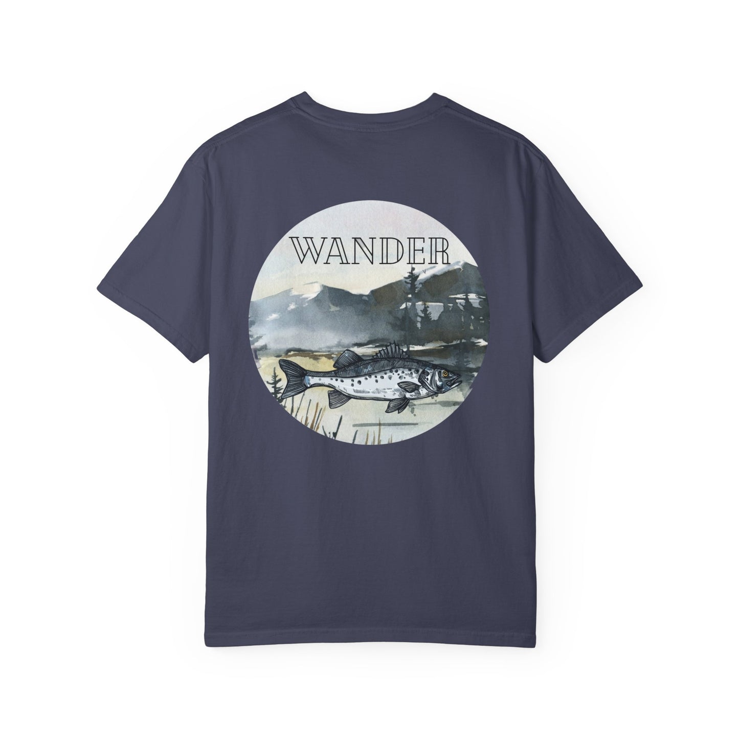 Ready to Run Wander Fishing Tee with White Front Design on Back Wildlife Adventure Tee Unisex Garment-Dyed T-shirt, Boho Nature Tee, Camping Shirt, Adventure Apparel, Gift for Wilderness Lovers, Angler Lover Giftd