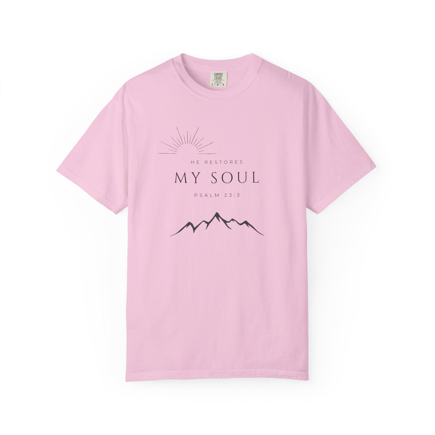 Psalm 23:3 Inspirational Mountain T-Shirt - "He Restores My Soul" Psalm 23:3, Faith Apparel, Christian Gift, Nature Lover Tee, Unisex Cotton Shirt