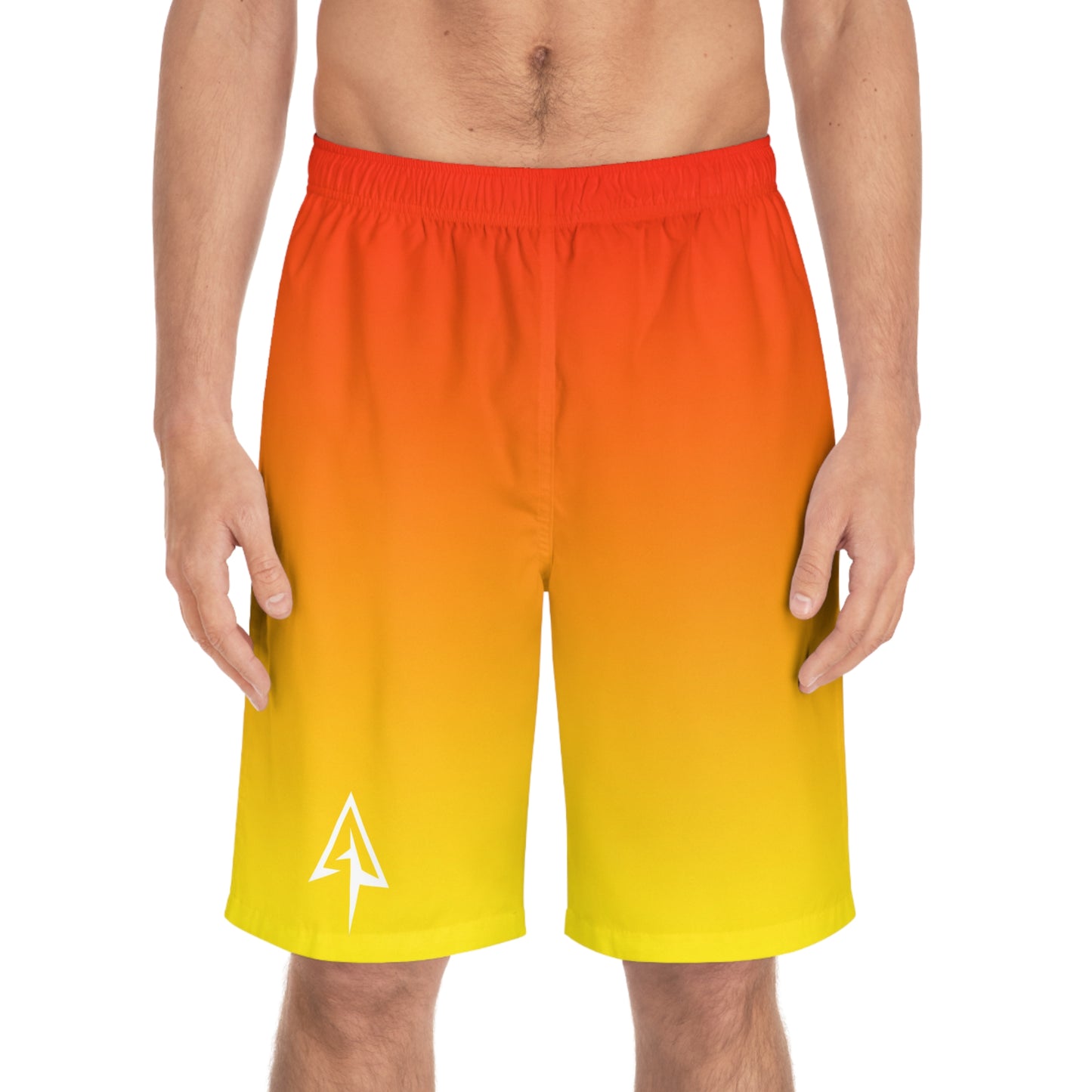 Arrow Ridge Redish Orange To Yellow Ombre Men's Ocean-Inspired Board Shorts, Swimwear for Beach Days, Summer Vacations, Pool Parties, Surfing Attire, Water Sports