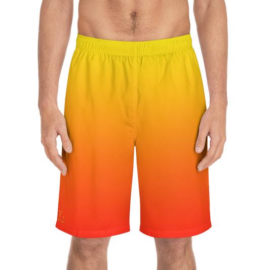 Redish Orange To Yellow Ombre Men's Ocean-Inspired Board Shorts, Swimwear for Beach Days, Summer Vacations, Pool Parties, Surfing Attire, Water Sports