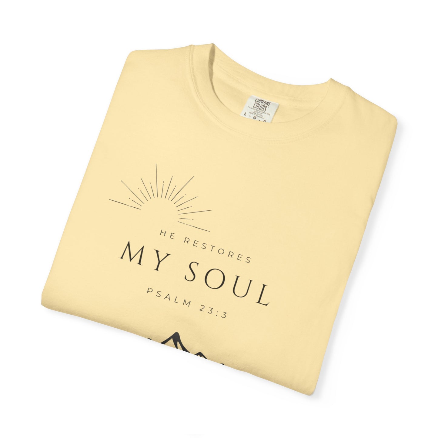 Psalm 23:3 Inspirational Mountain T-Shirt - "He Restores My Soul" Psalm 23:3, Faith Apparel, Christian Gift, Nature Lover Tee, Unisex Cotton Shirt