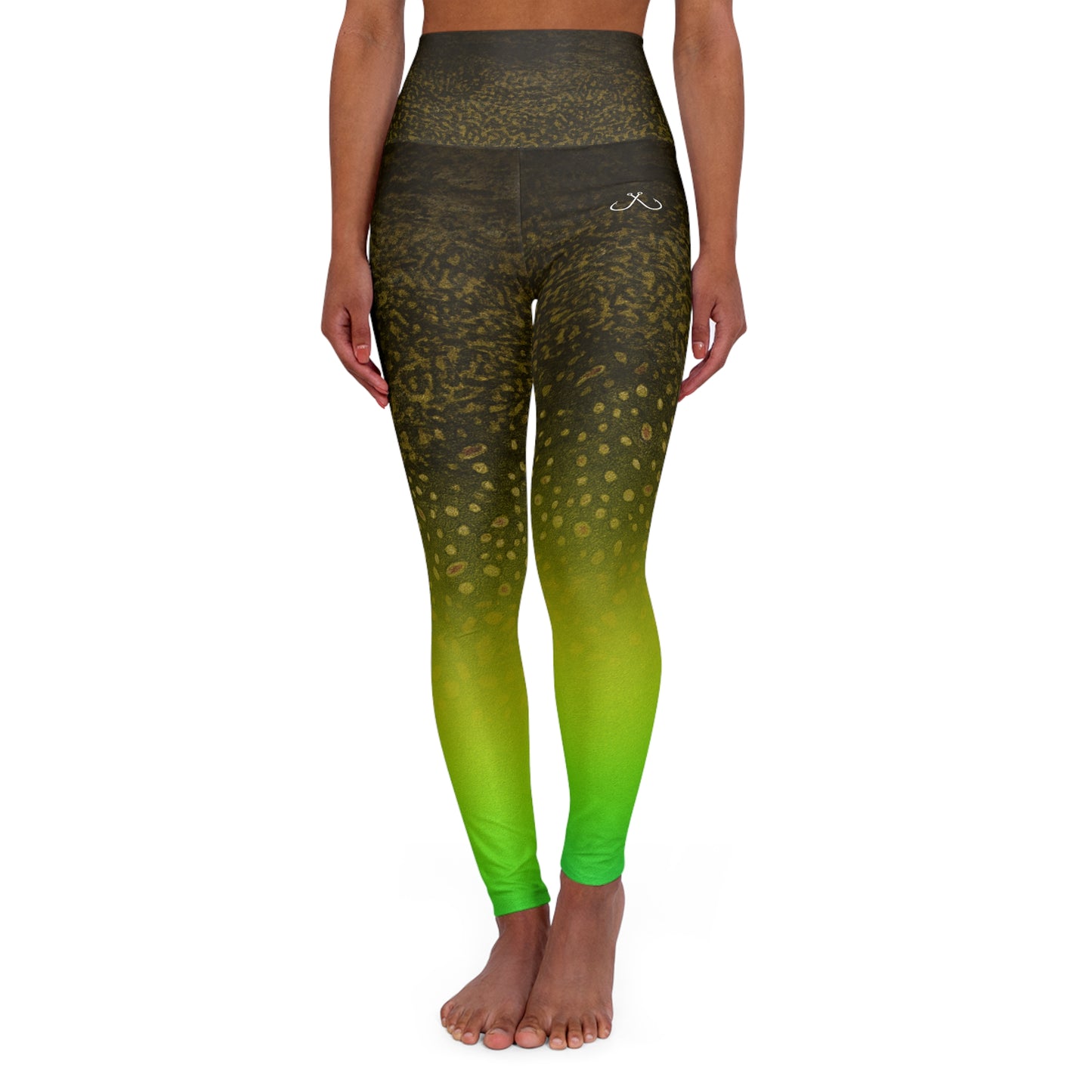 Green Gradient Neon Spotted Fishing High Waisted Yoga Leggings, Hooked Horizon Co,  Deep Drift- Purple, Comfortable Activewear, Fitness Pants, Ideal for Gym, Yoga, and Weekend Brunch
