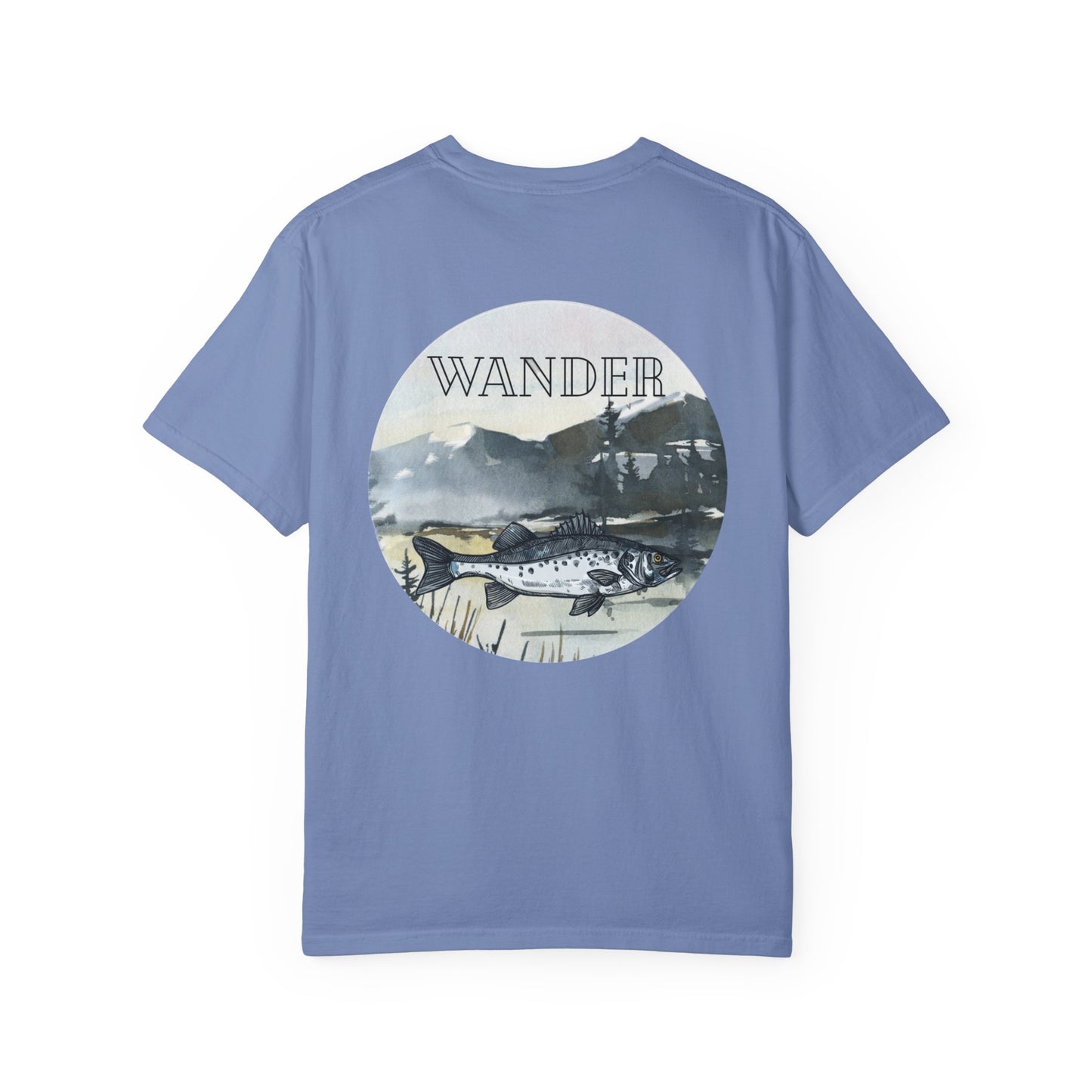 Ready to Run Wander Tee in Black Writing on Front & Image on Back Wildlife Adventure Tee Unisex Garment-Dyed T-shirt, Boho Nature Tee, Camping Shirt, Adventure Apparel, Gift for Wilderness Lovers, Angler Lover Giftd