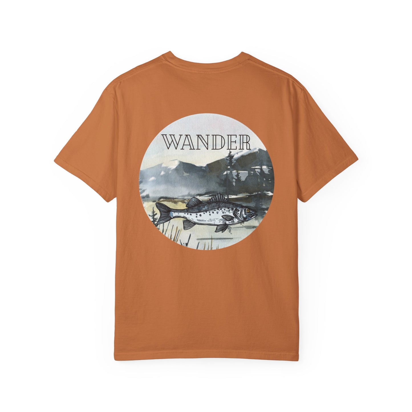Ready to Run Wander Tee in Black Writing on Front & Image on Back Wildlife Adventure Tee Unisex Garment-Dyed T-shirt, Boho Nature Tee, Camping Shirt, Adventure Apparel, Gift for Wilderness Lovers, Angler Lover Giftd
