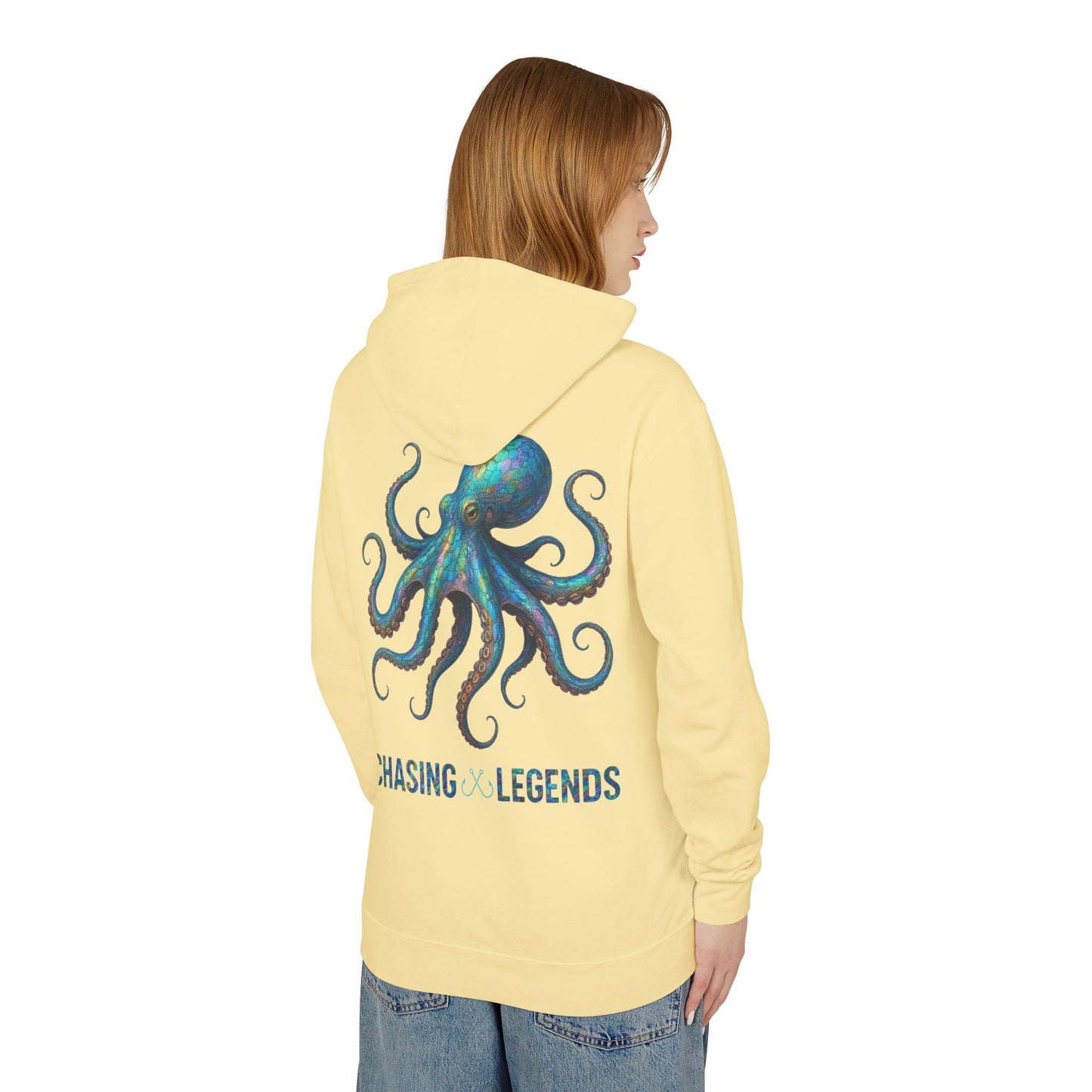 Chasing Legends Octopus Hoodie — Hooked Horizon Co Unisex Lightweight Hoodie with Deep Drift Design | Perfect for Fishermen, Beach Lovers, Casual Outings, Gift for Him/Her, Nautical Style,  Ocean Lover Gifts