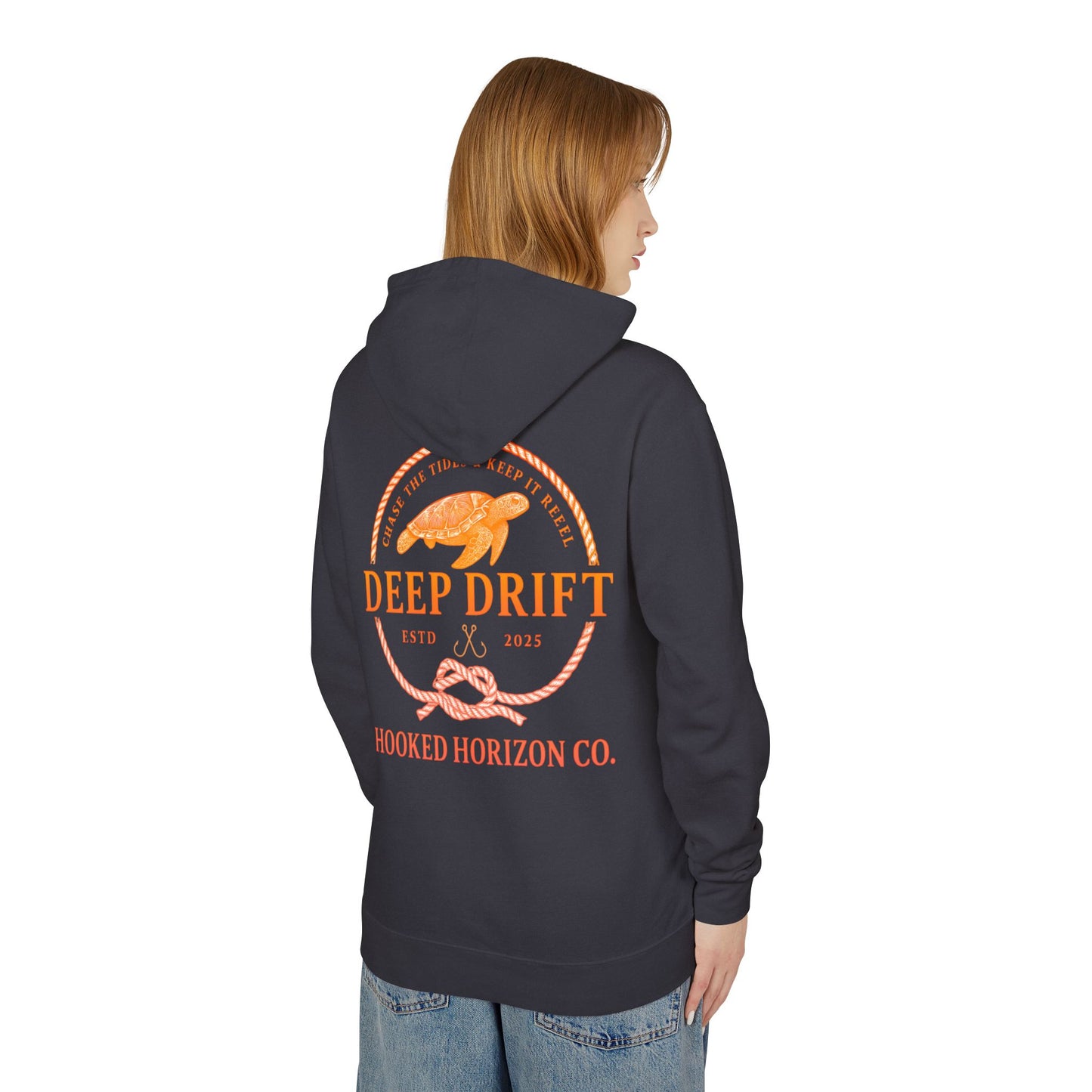Orange Hooked Horizon Co Unisex Lightweight Hoodie with Deep Drift Design | Perfect for Fishermen, Beach Lovers, Casual Outings, Gift for Him/Her, Nautical Style,  Ocean Lover Gifts