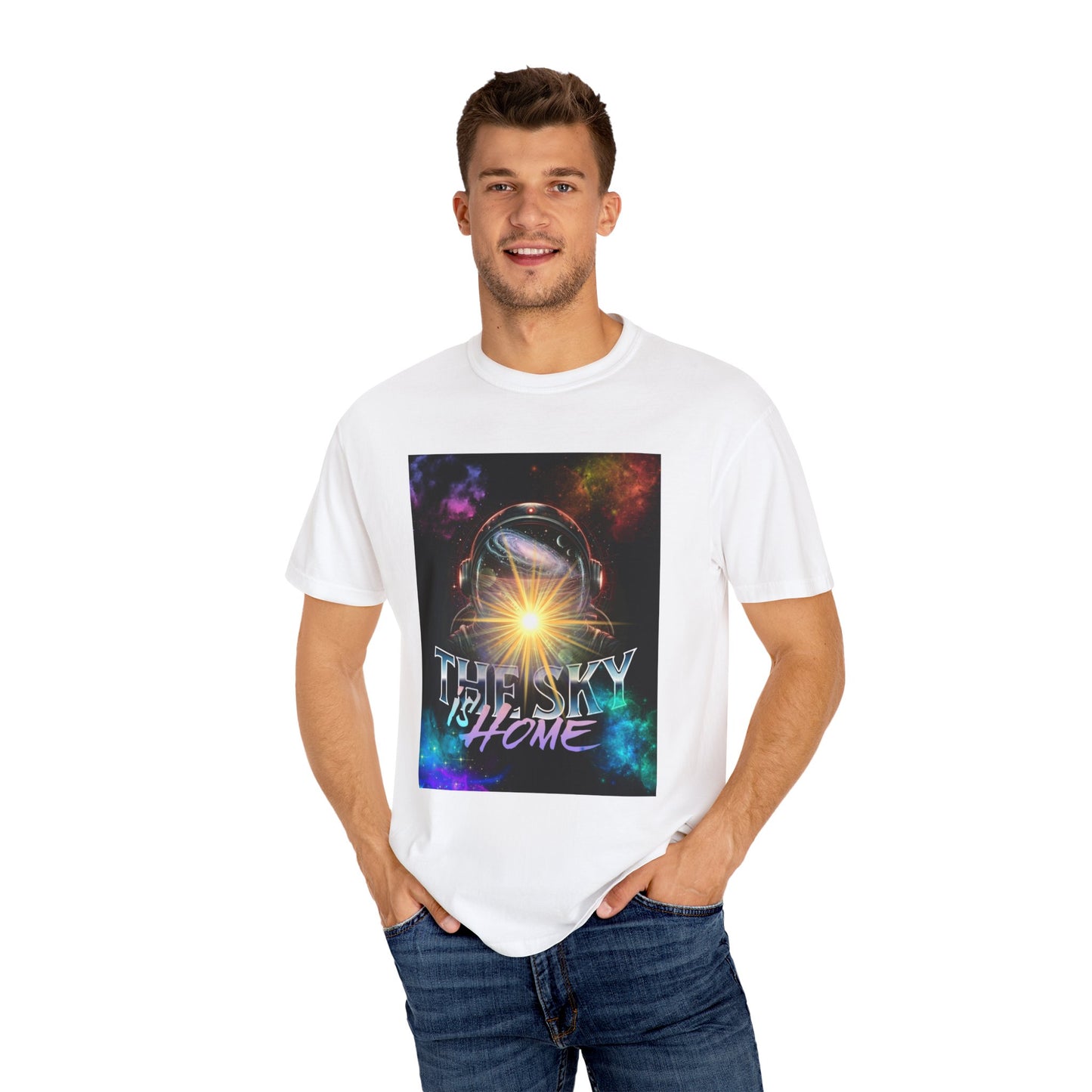 Cosmic Vibe T-Shirt: The Sky is Home Unisex Garment-Dyed Tee, Cute Graphic Shirt, Space Lover Gift, Casual Wear, Art Tee