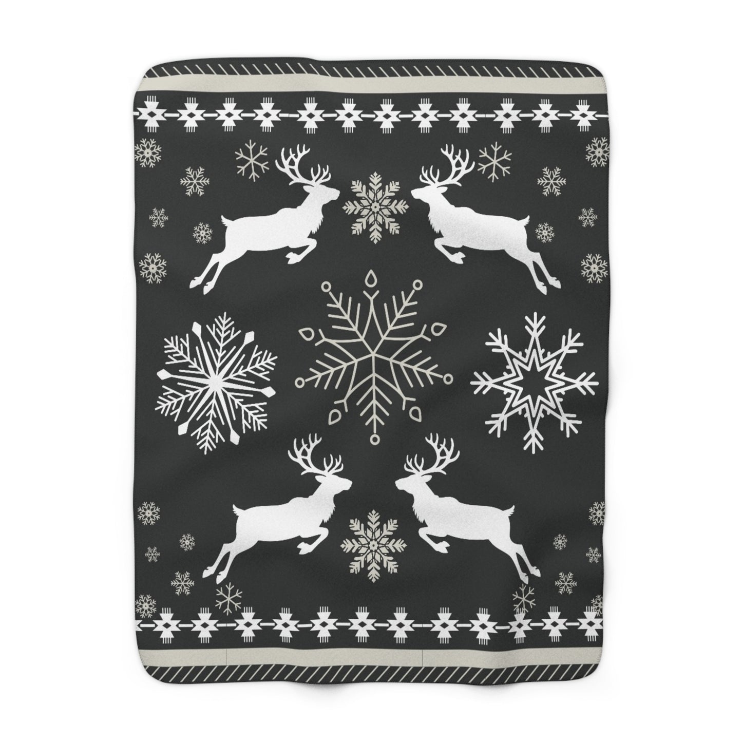 Snowflake & Deer Holiday Sherpa Blanket — Cozy Red Winter Fleece with Snowflakes & Bears