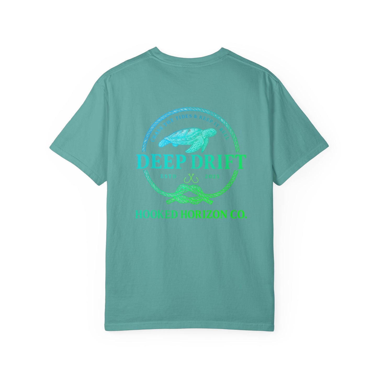 Deep Drift Fishing T-Shirt - Green & Blue Fishing Tee for Angler Lovers, Hammer Head Shark, Ocean Tee