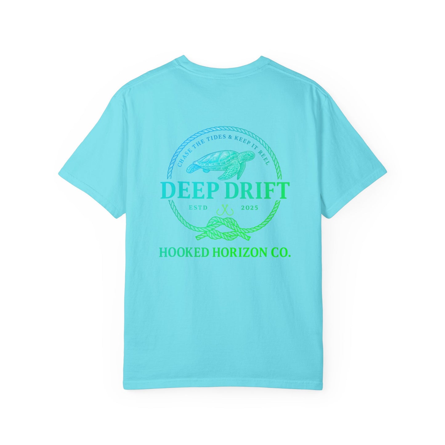 Deep Drift Fishing T-Shirt - Green & Blue Fishing Tee for Angler Lovers, Hammer Head Shark, Ocean Tee