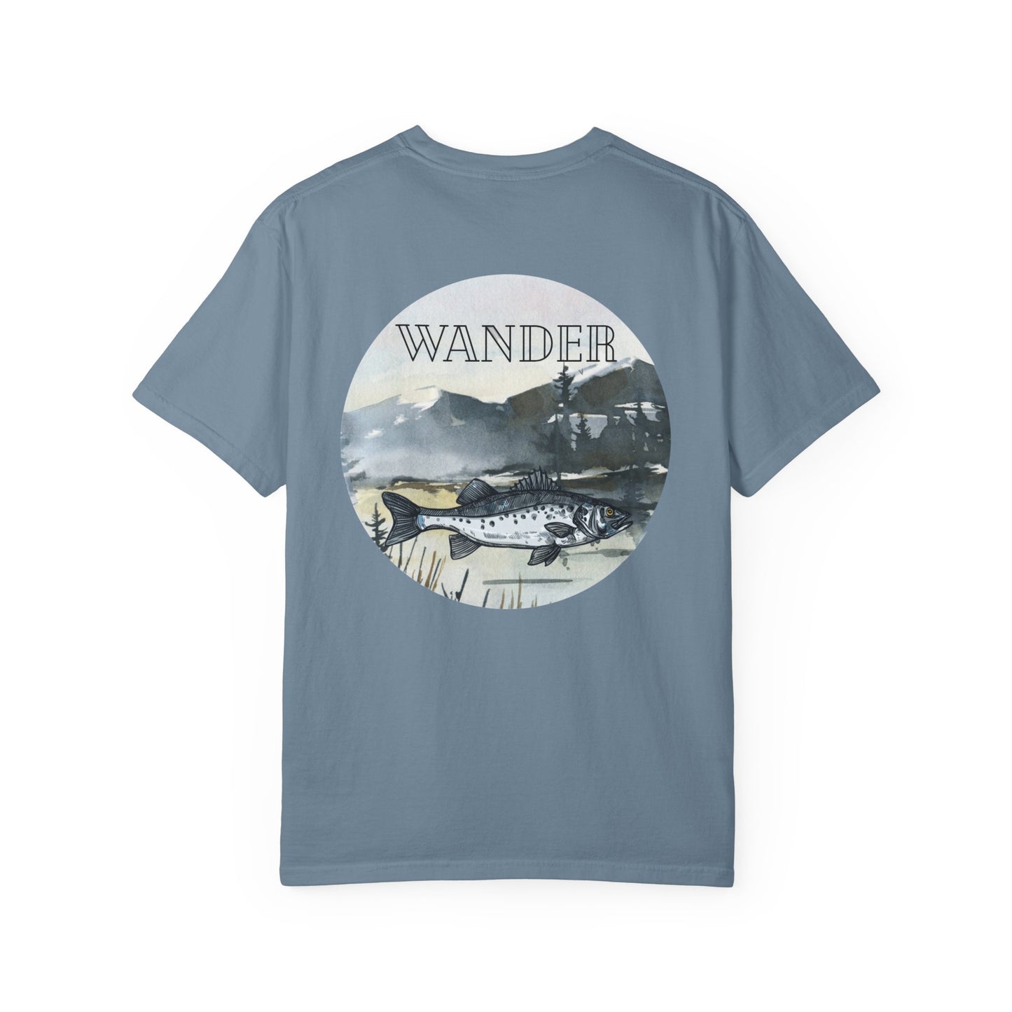 Ready to Run Wander Fishing Tee with White Front Design on Back Wildlife Adventure Tee Unisex Garment-Dyed T-shirt, Boho Nature Tee, Camping Shirt, Adventure Apparel, Gift for Wilderness Lovers, Angler Lover Giftd