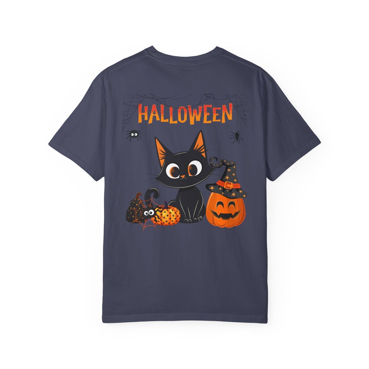 Halloween Spider Cat & Pumpkin Tee Unisex Garment-Dyed T-shirt, Black & White, Vintage Western, Western lover gifts